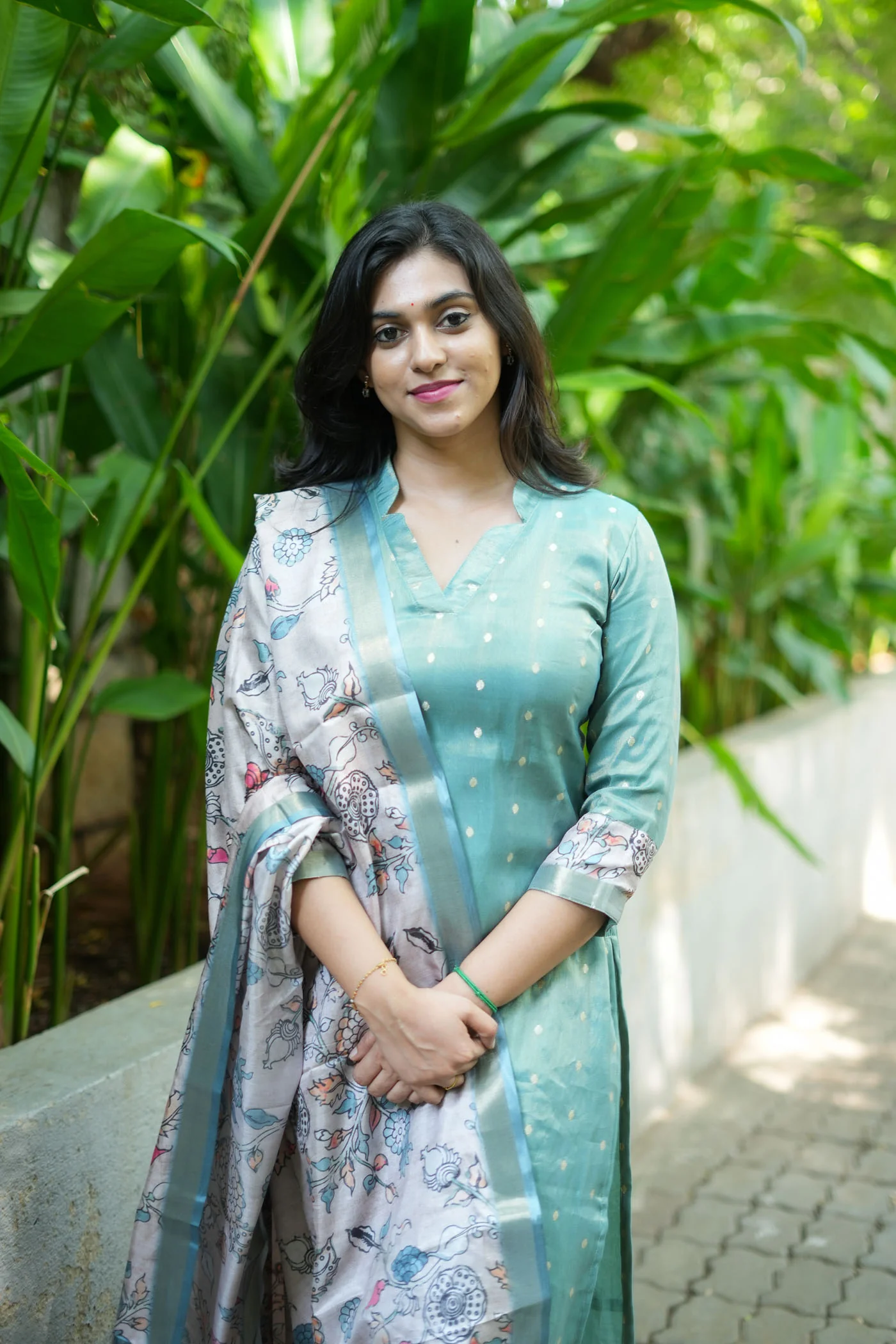 Charita Pastel Green Chanderi Kurta Set with Kalamkari Dupatta (set of 2) - Image 3