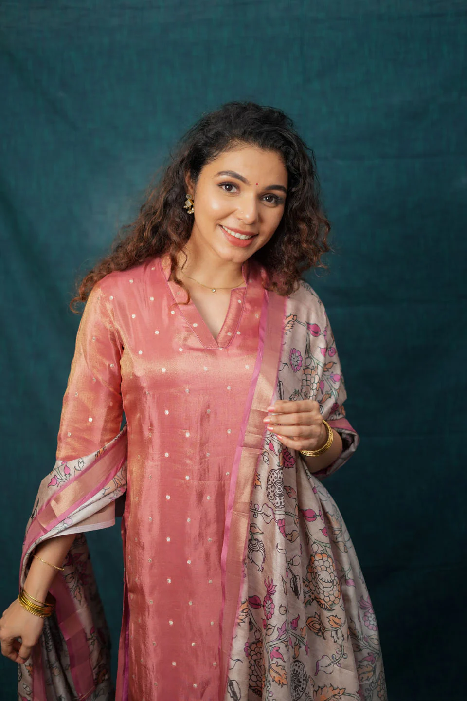 Charita Rust Pink Chanderi Kurta with Kalamkari Dupatta - Image 8