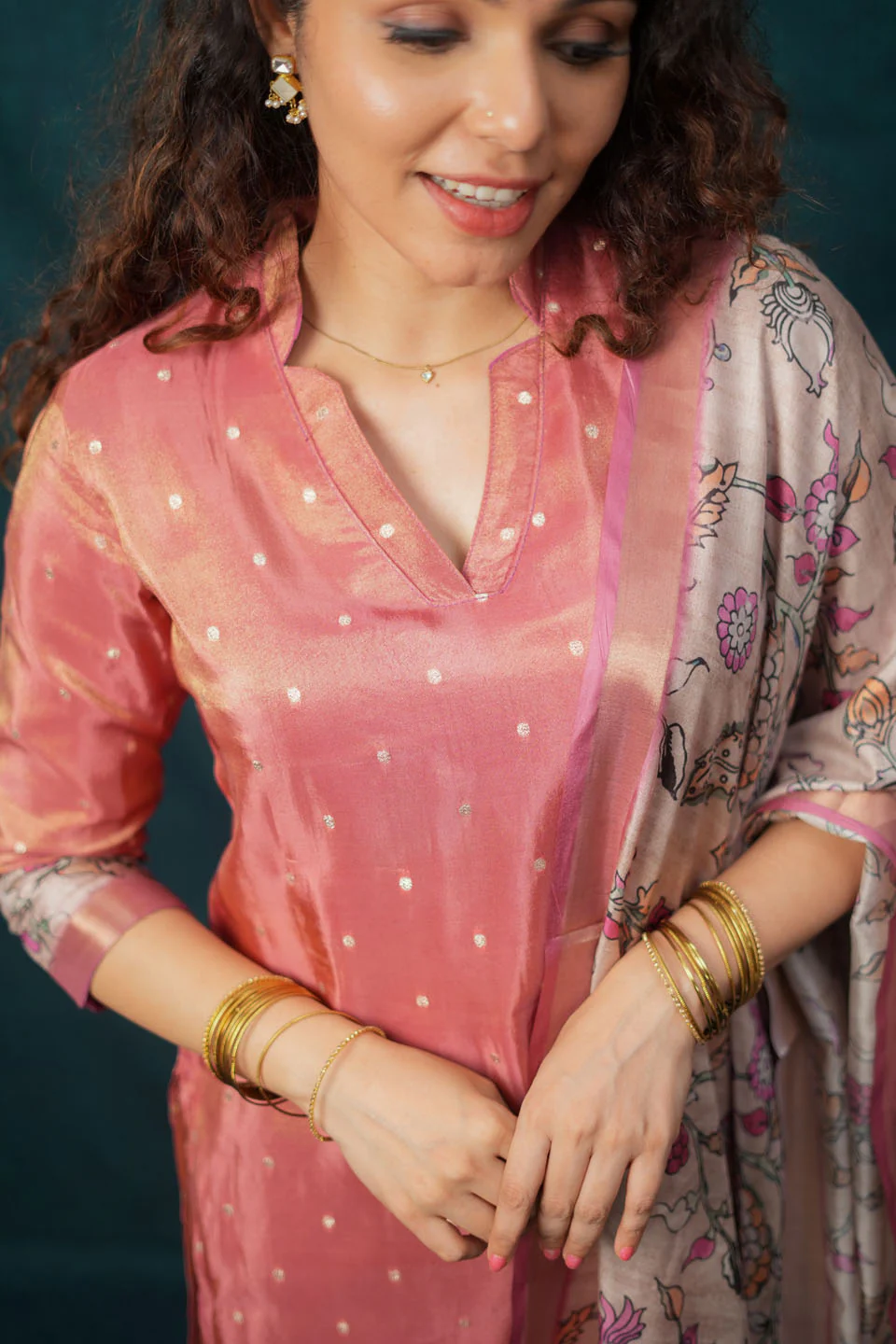 Charita Rust Pink Chanderi Kurta with Kalamkari Dupatta - Image 11