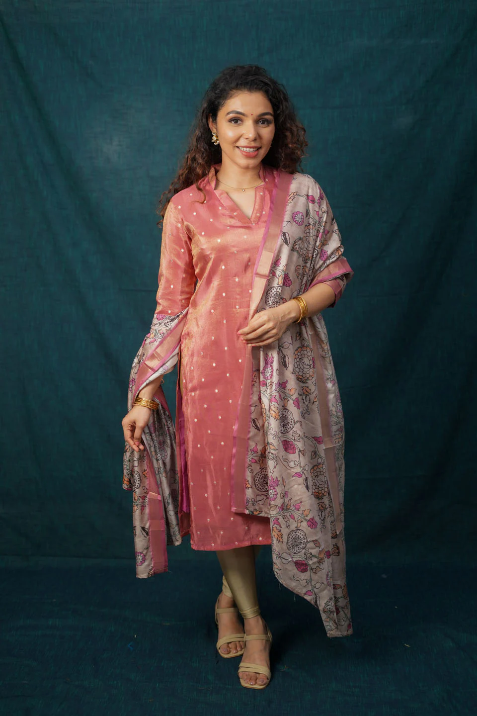 Charita Rust Pink Chanderi Kurta with Kalamkari Dupatta - Image 5