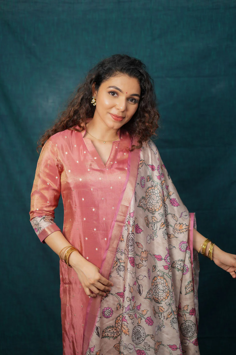 Charita Rust Pink Chanderi Kurta with Kalamkari Dupatta - Image 10