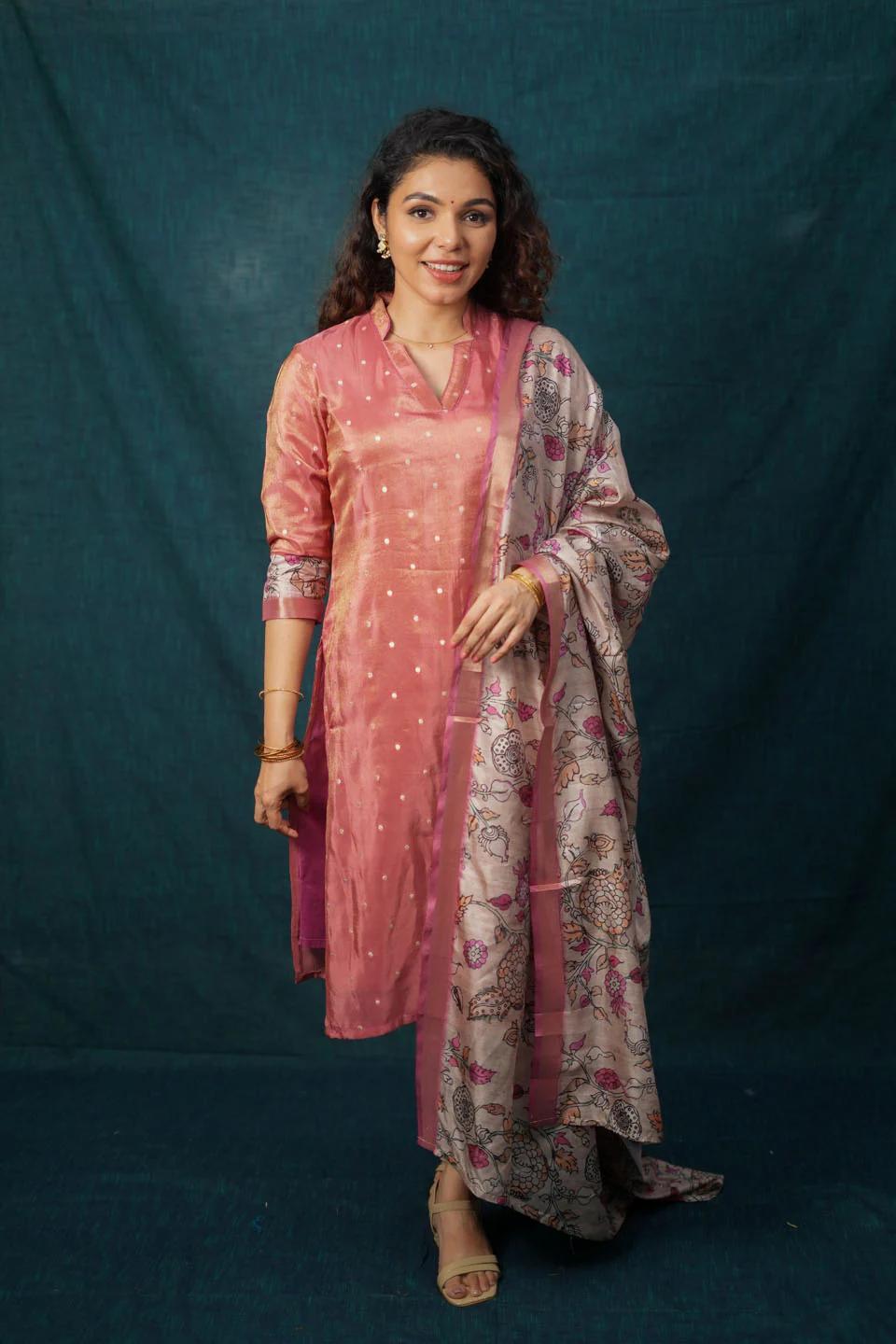 Charita Rust Pink Chanderi Kurta with Kalamkari Dupatta - Image 3