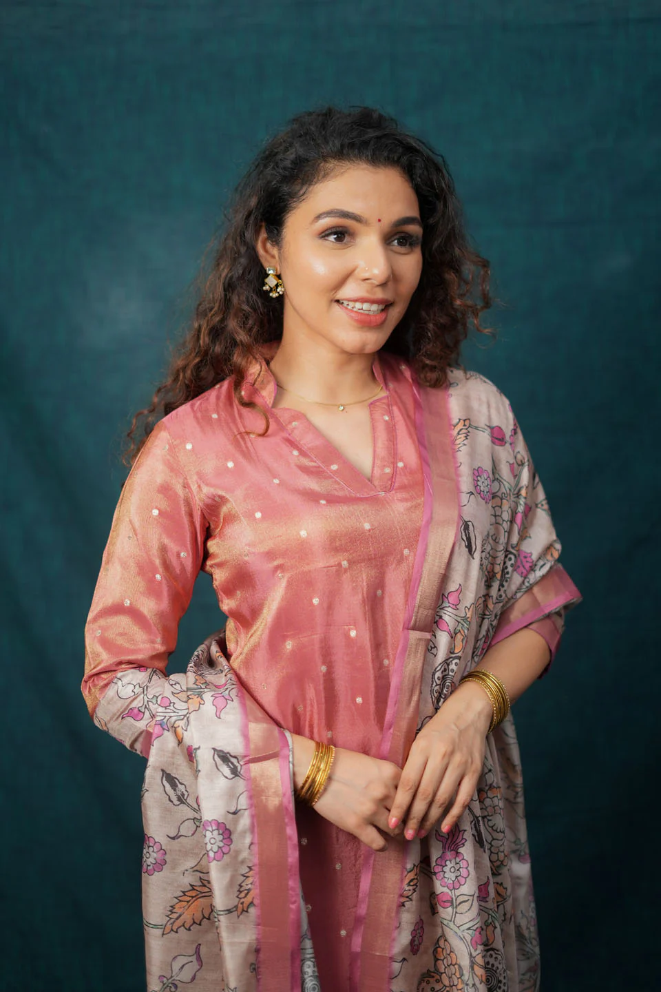 Charita Rust Pink Chanderi Kurta with Kalamkari Dupatta - Image 6
