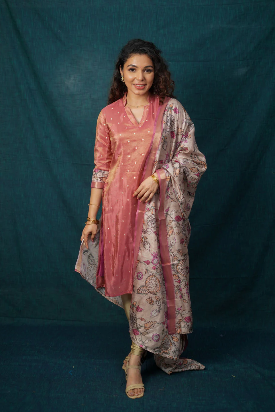 Charita Rust Pink Chanderi Kurta with Kalamkari Dupatta - Image 4