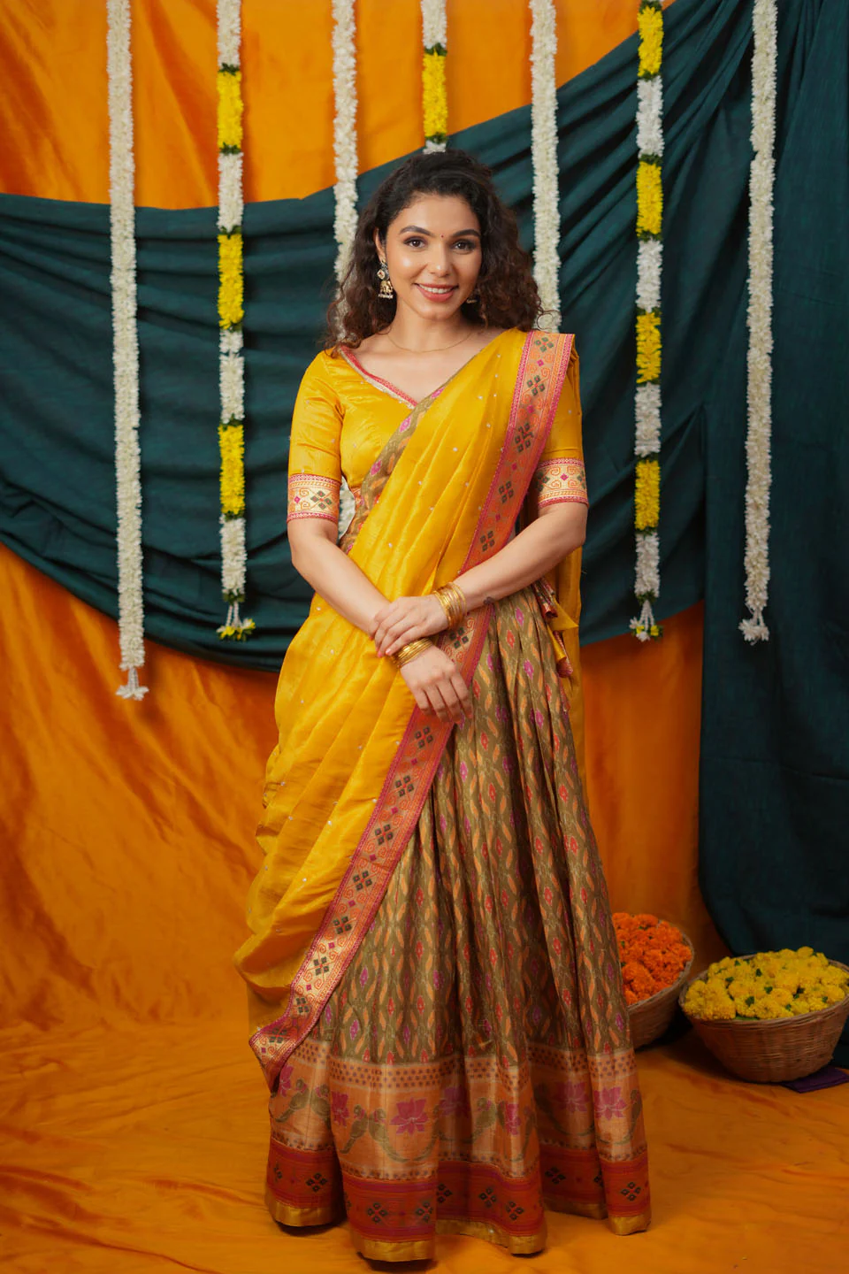 Cynthia Mustard Yellow & green Printed Lehenga Set