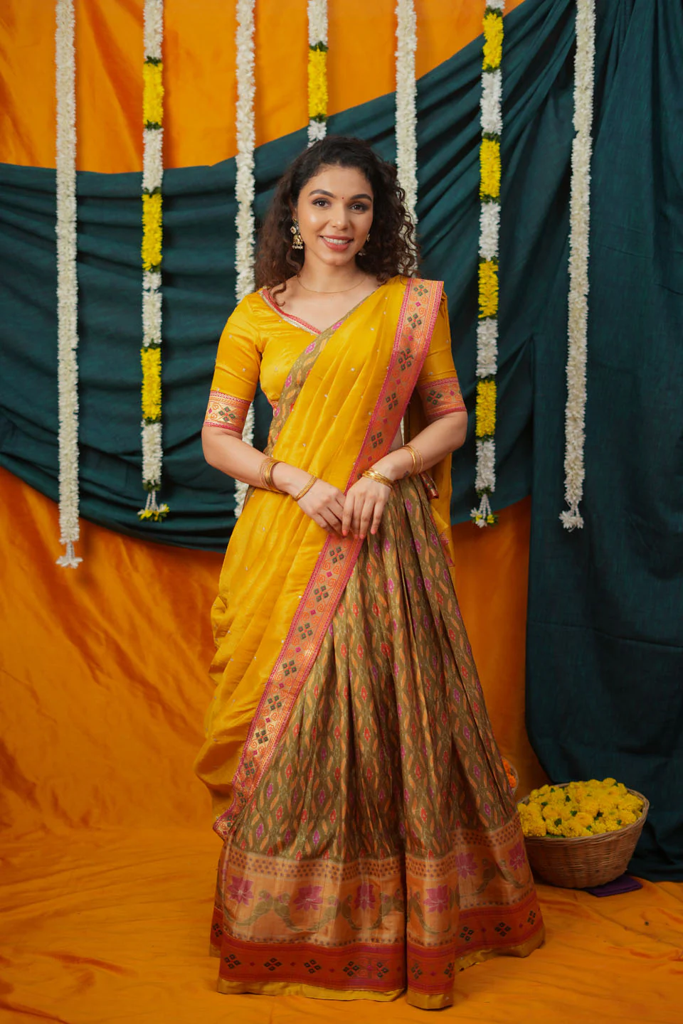 Cynthia Mustard Yellow & green Printed Lehenga Set - Image 10