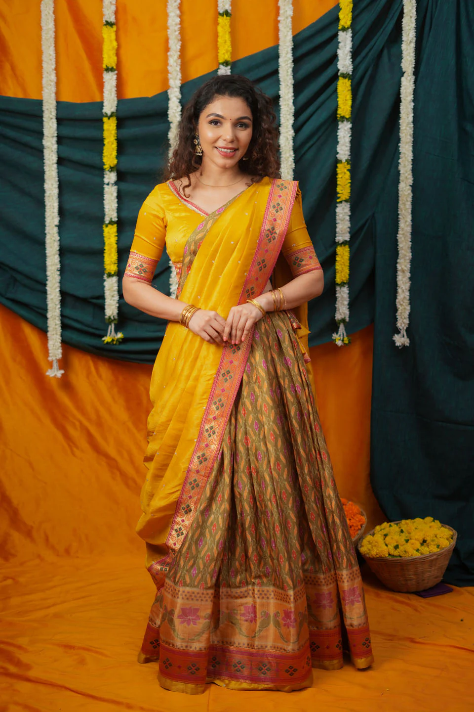 Cynthia Mustard Yellow & green Printed Lehenga Set - Image 12