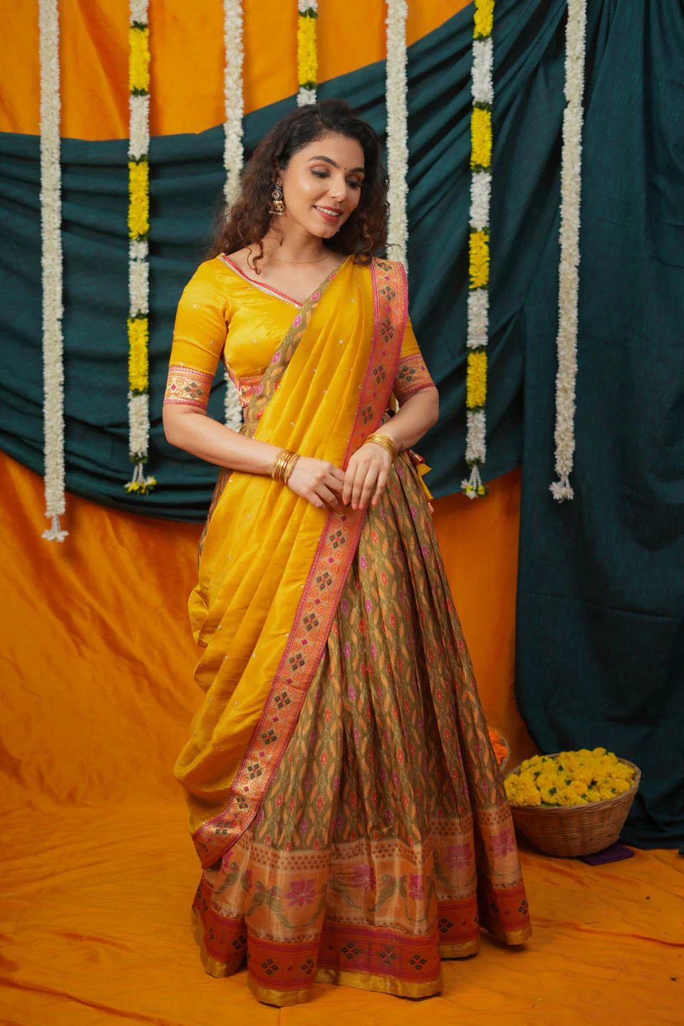 Cynthia Mustard Yellow & green Printed Lehenga Set - Image 13
