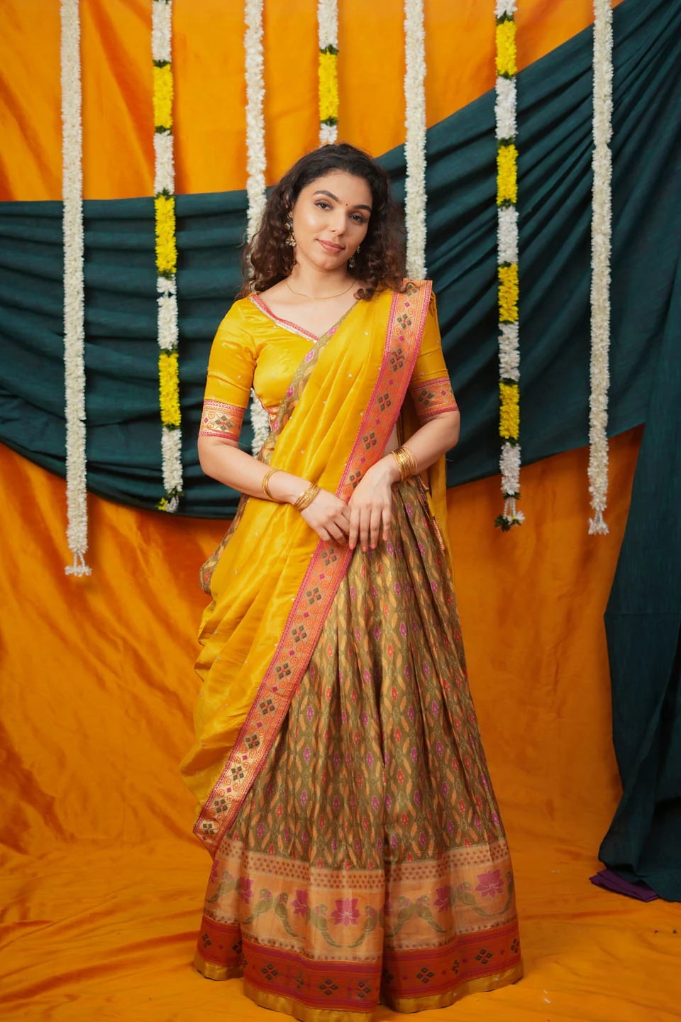Cynthia Mustard Yellow & green Printed Lehenga Set - Image 4