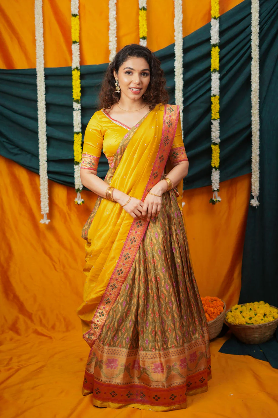 Cynthia Mustard Yellow & green Printed Lehenga Set - Image 6