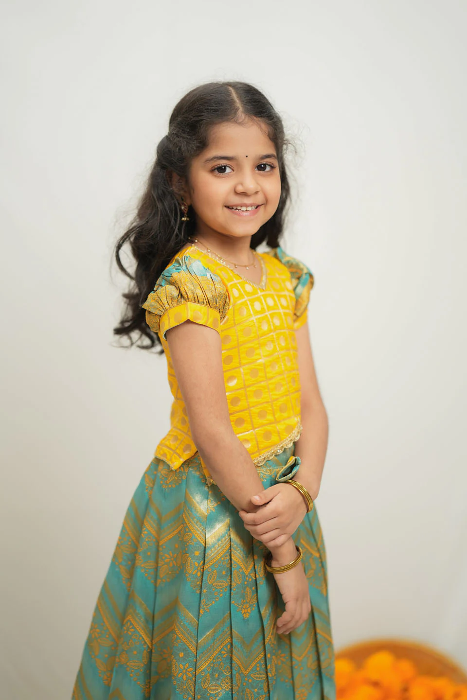 Akhila Yellow & Aqua Blue Brocade Kids Lehenga Set Mini - Image 2