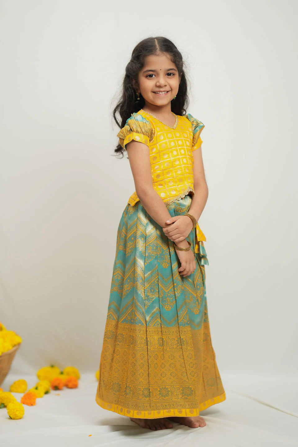 Akhila Yellow & Aqua Blue Brocade Kids Lehenga Set Mini - Image 3