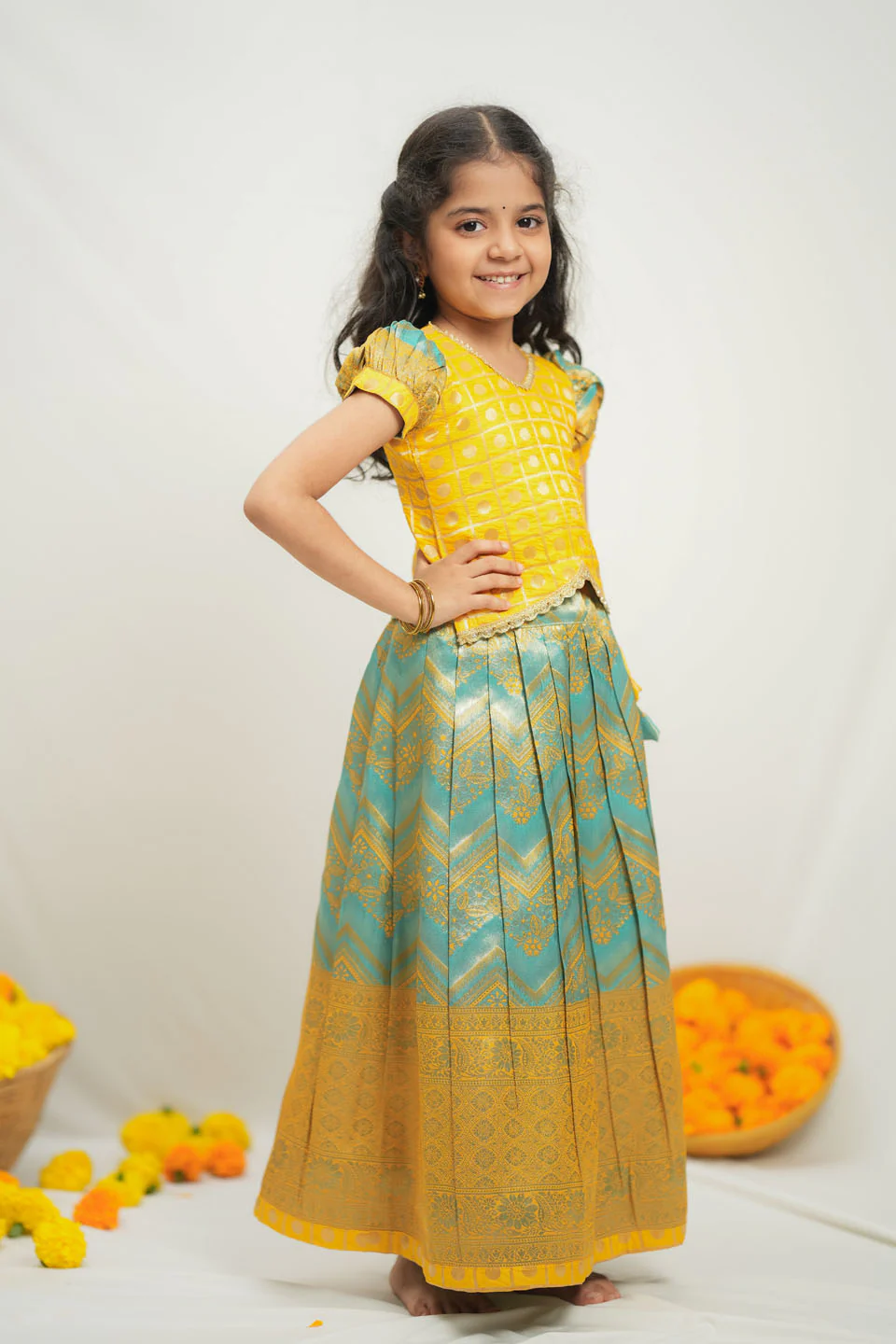 Akhila Yellow & Aqua Blue Brocade Kids Lehenga Set Mini - Image 4