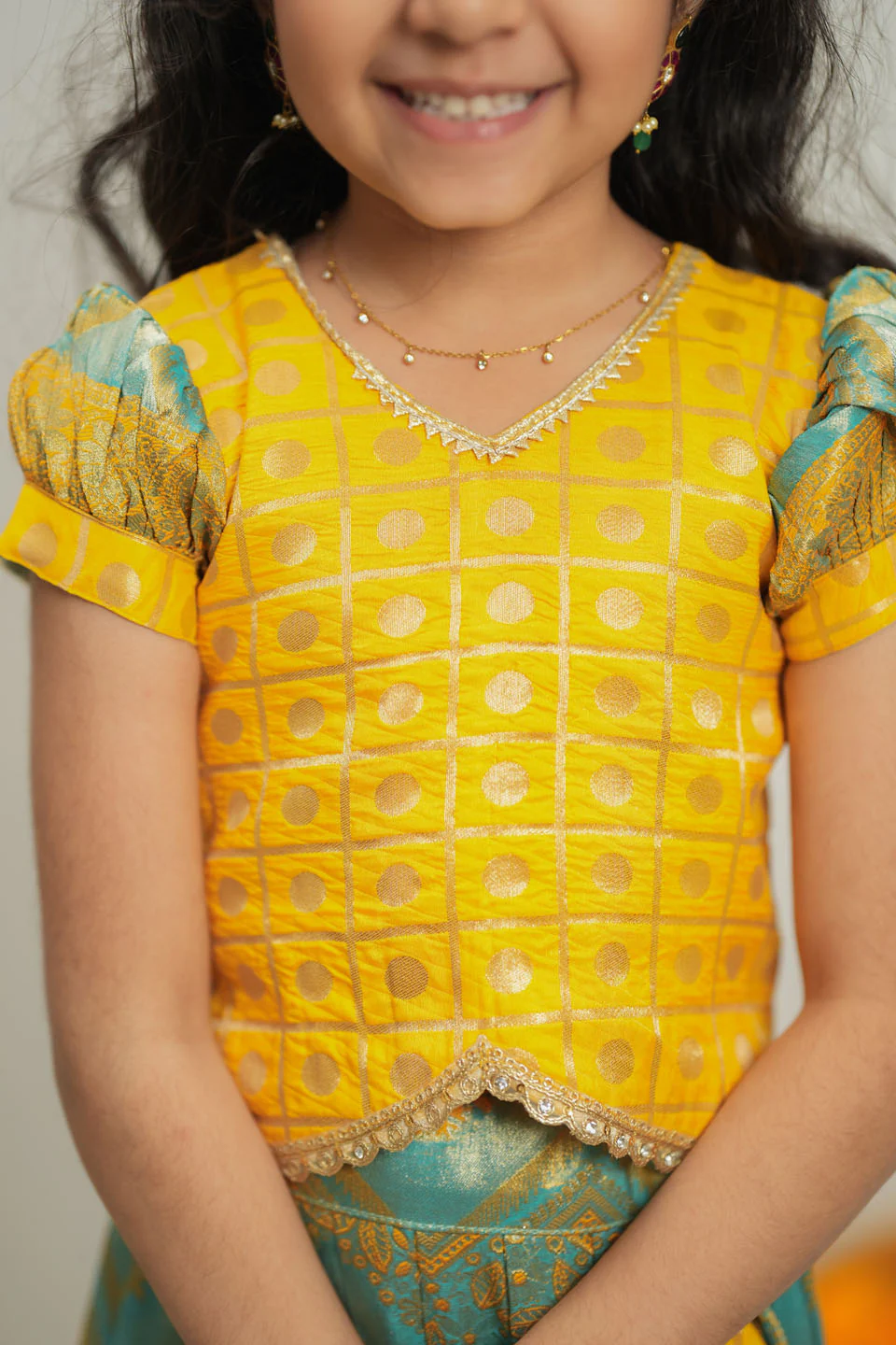 Akhila Yellow & Aqua Blue Brocade Kids Lehenga Set Mini - Image 5