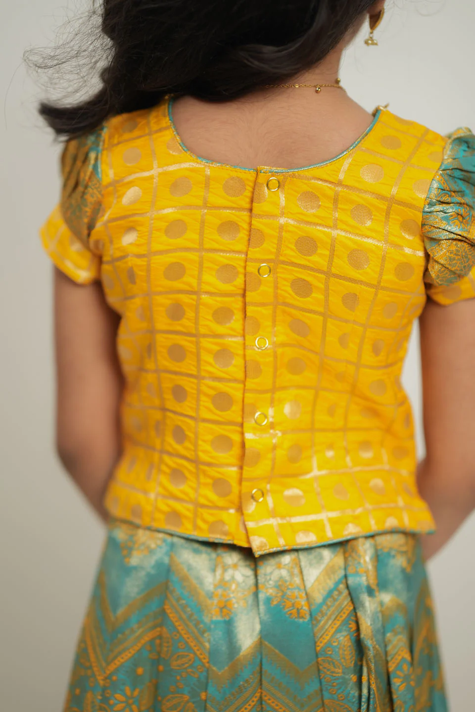 Akhila Yellow & Aqua Blue Brocade Kids Lehenga Set Mini - Image 6