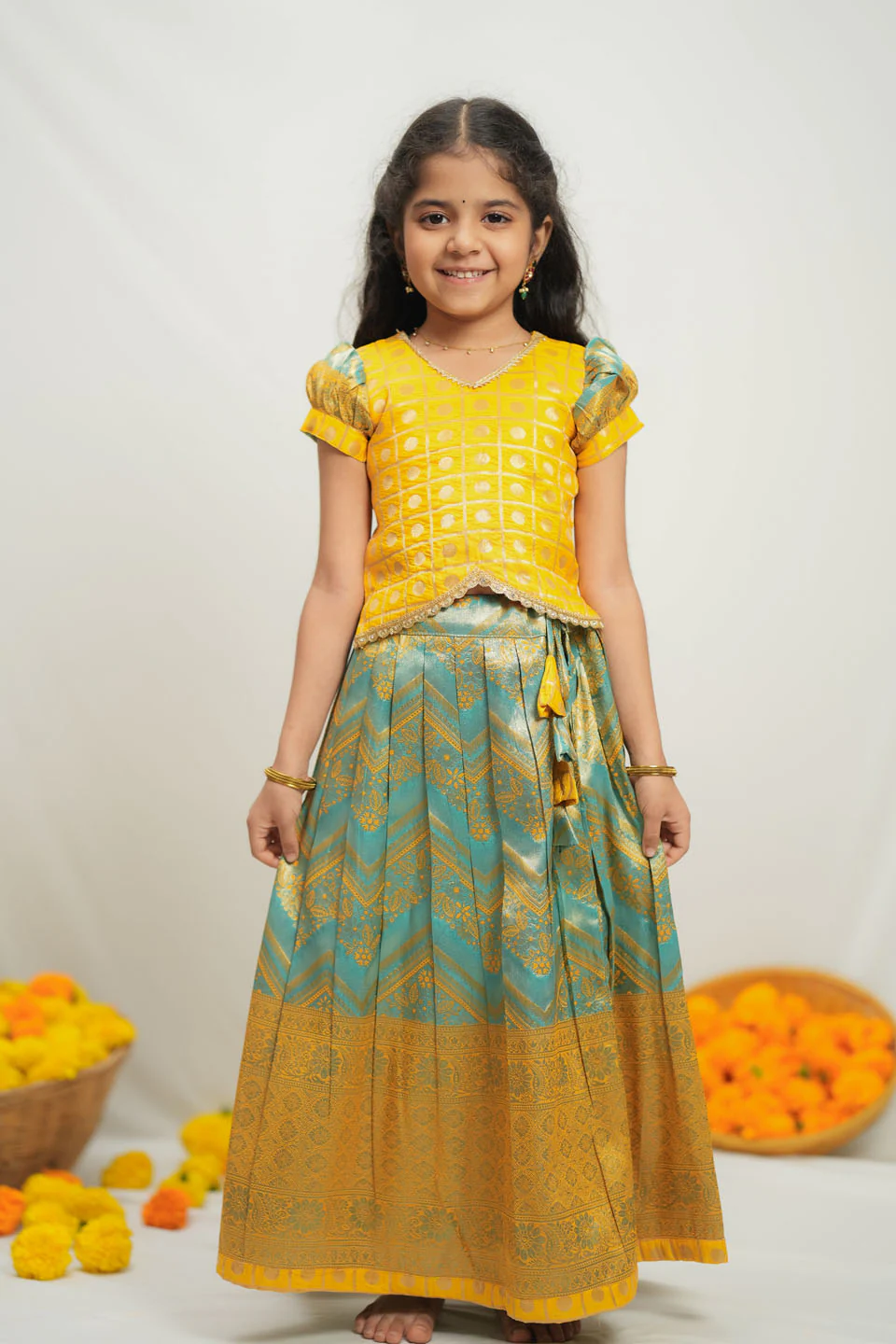 Akhila Yellow & Aqua Blue Brocade Kids Lehenga Set Mini - Image 7