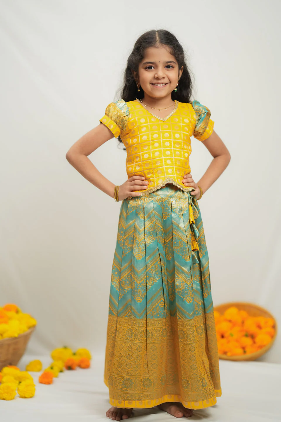 Akhila Yellow & Aqua Blue Brocade Kids Lehenga Set Mini - Image 8