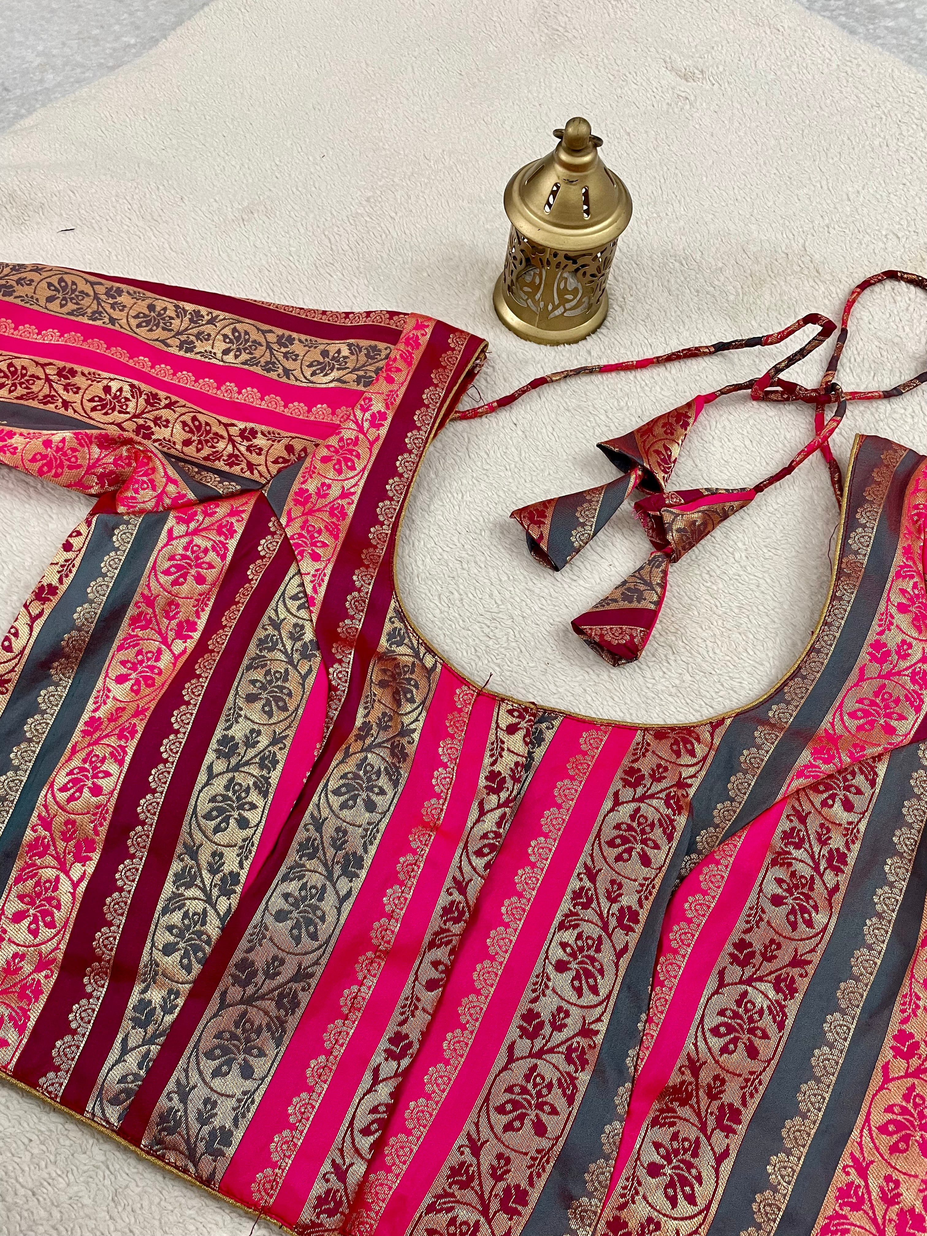 Dharshini Rani Pink Multicolour Banarasi Brocade blouse - Image 11