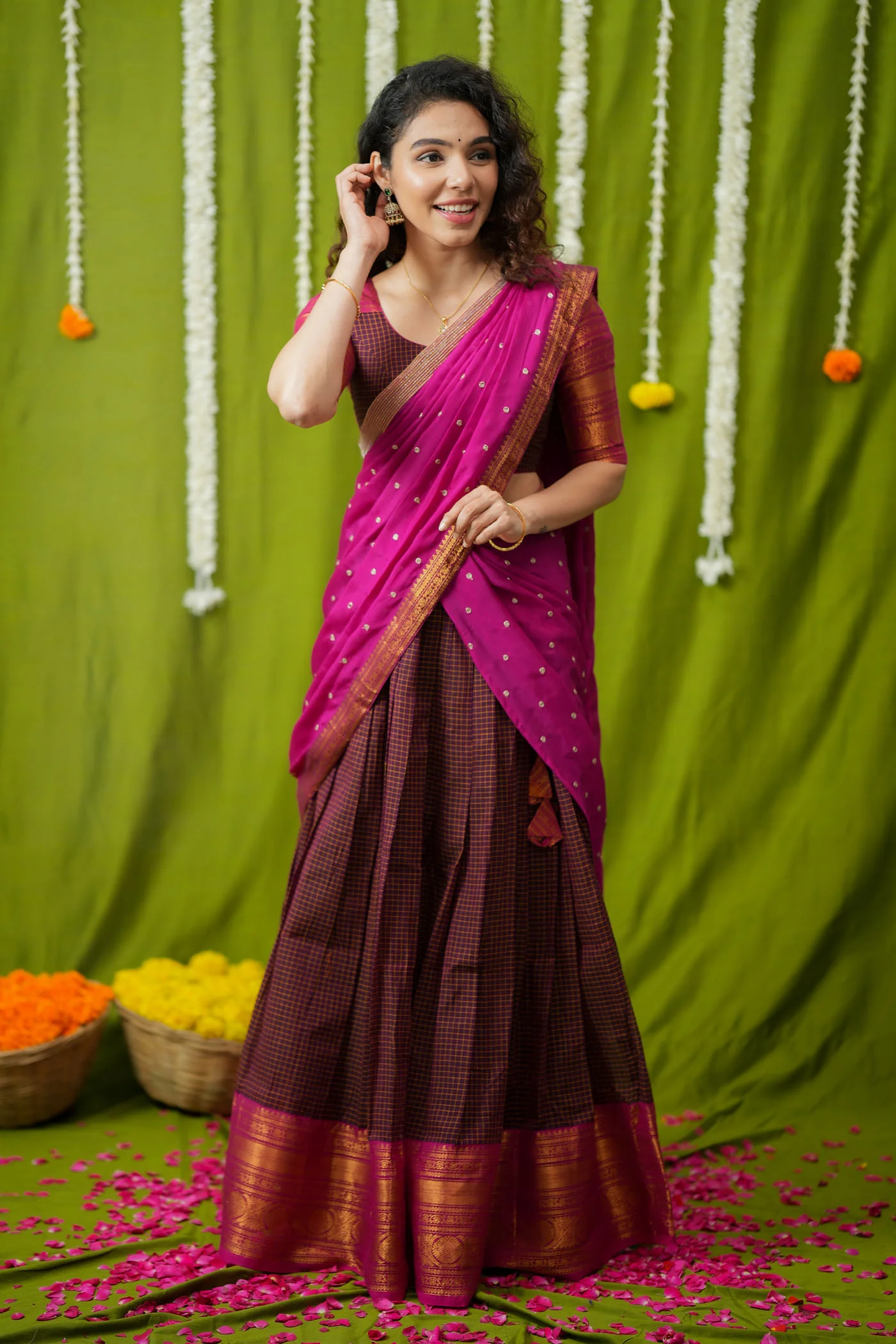 Esha Wine check Halfsaree (Set of 3) - Image 3