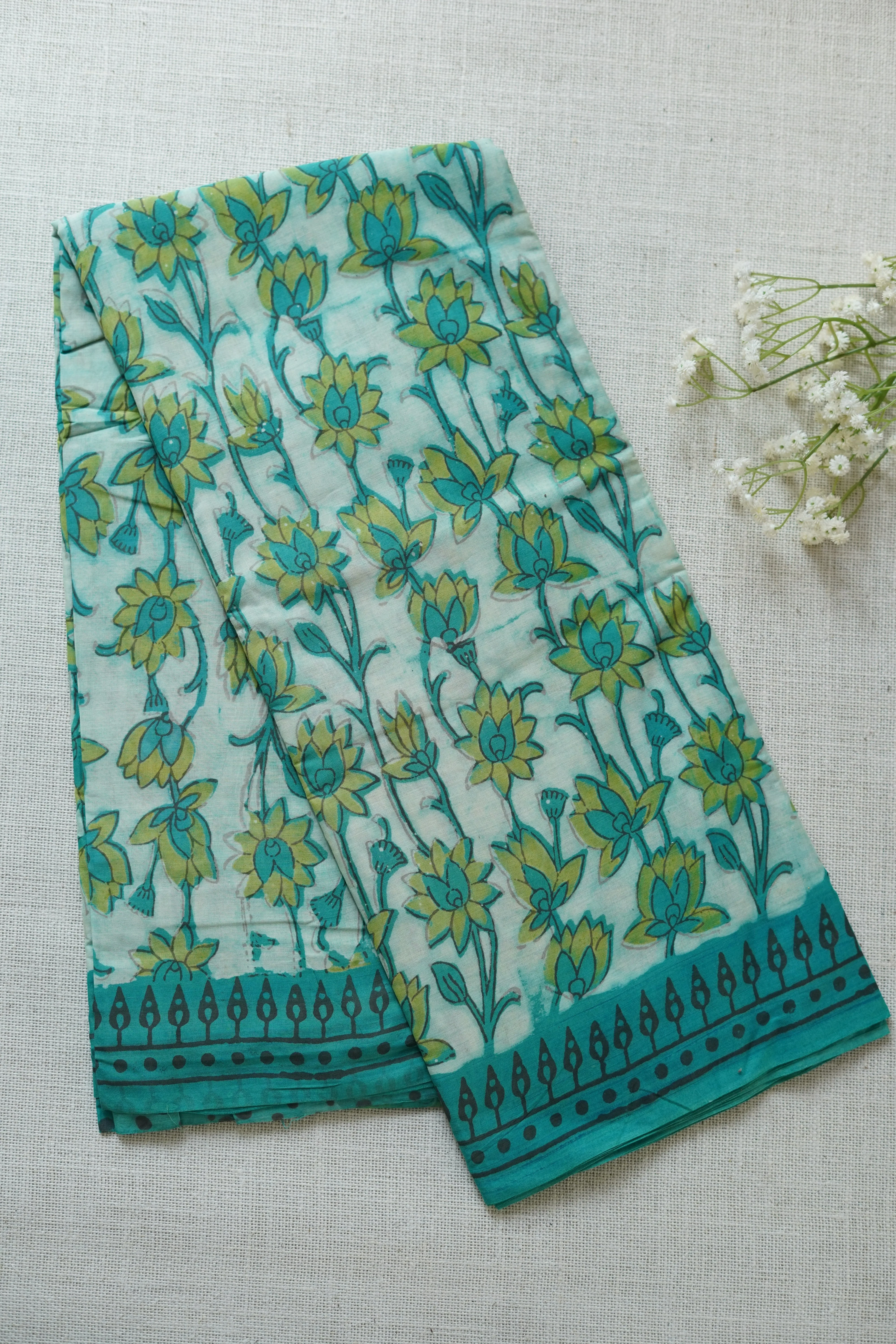 Floral Print Aqua Blue Handloom Chettinad Cotton Saree - Image 2