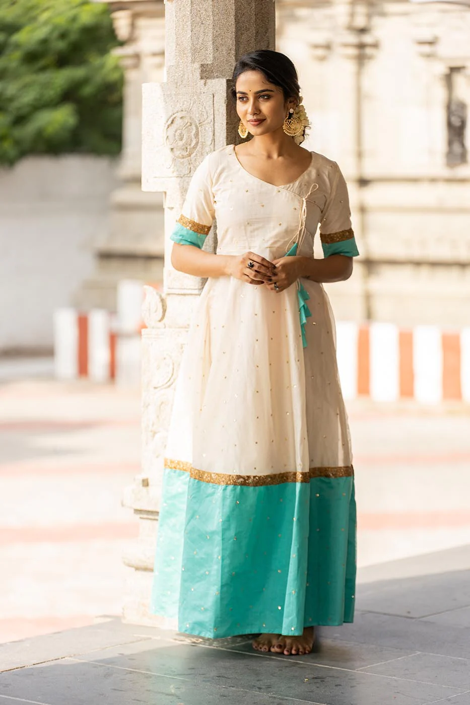 GRG - Kayalvizhi Ivory and Aqua Dress (Only Dress) - S & M only - Image 3
