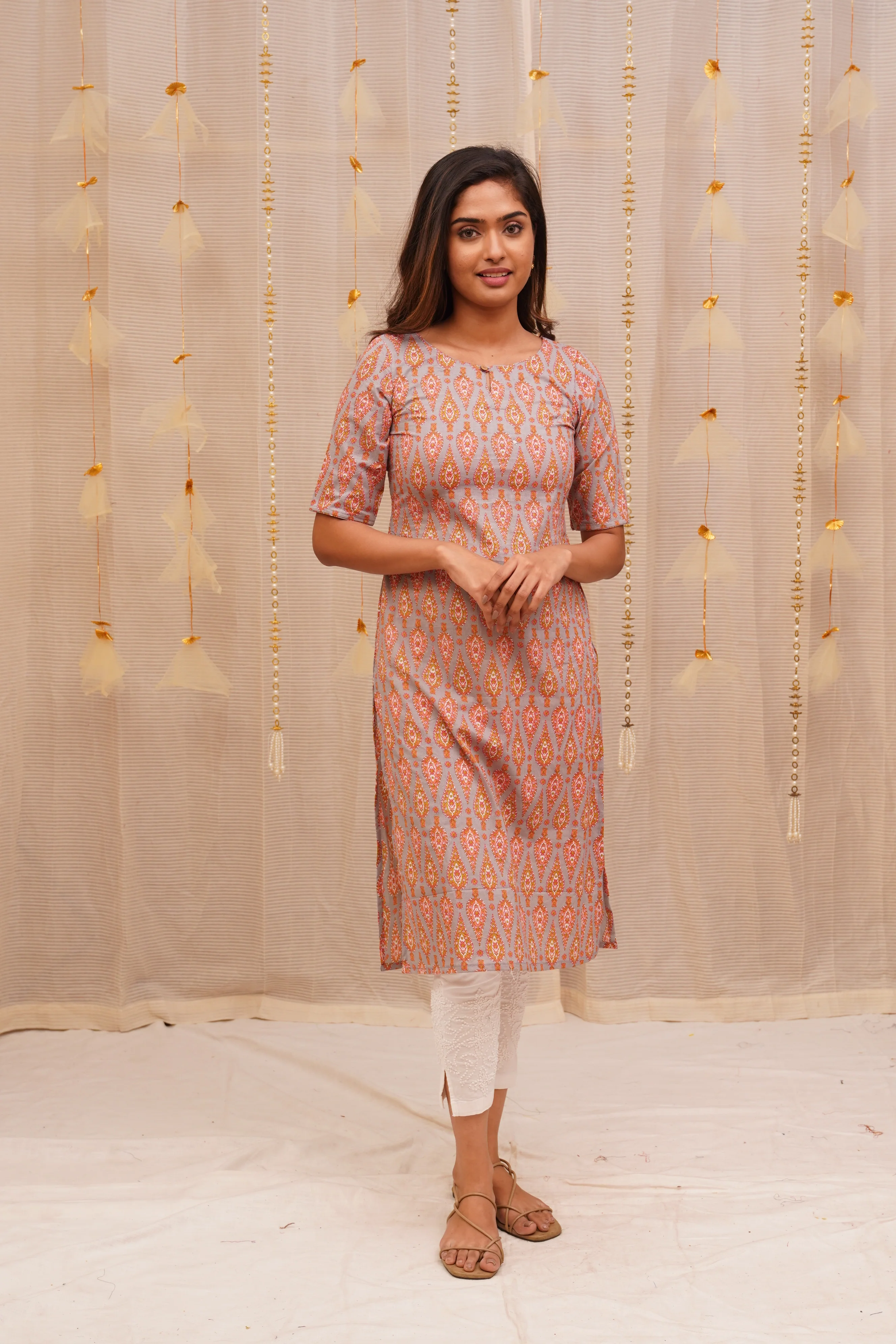 GRG - Saanvi Pink and Grey Jaipur Block Printed Cotton Kurti - XS only - Image 3