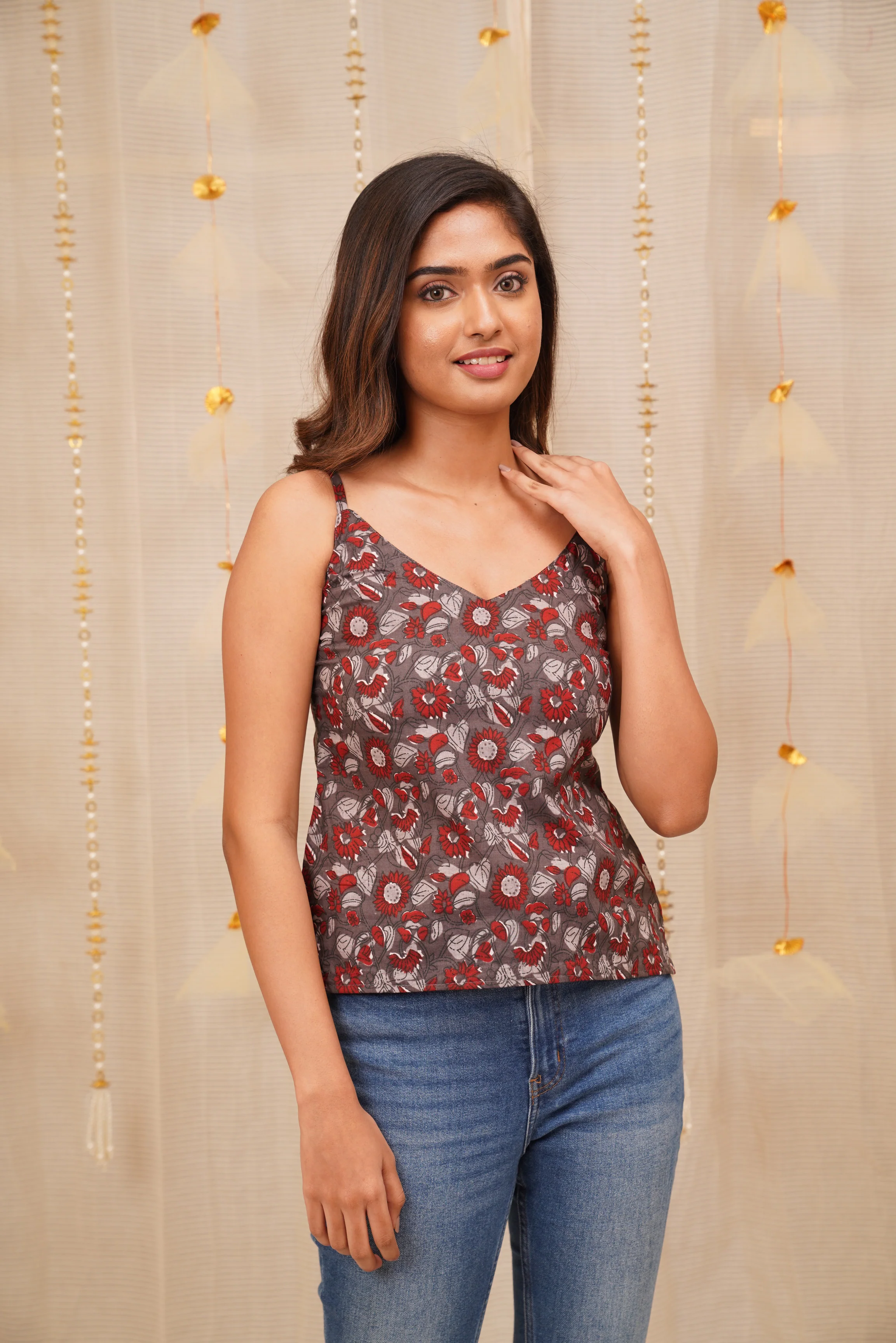 Sasha Grey with Maroon Jaipur Handblock Printed Cotton Spaghetti Top - Image 8