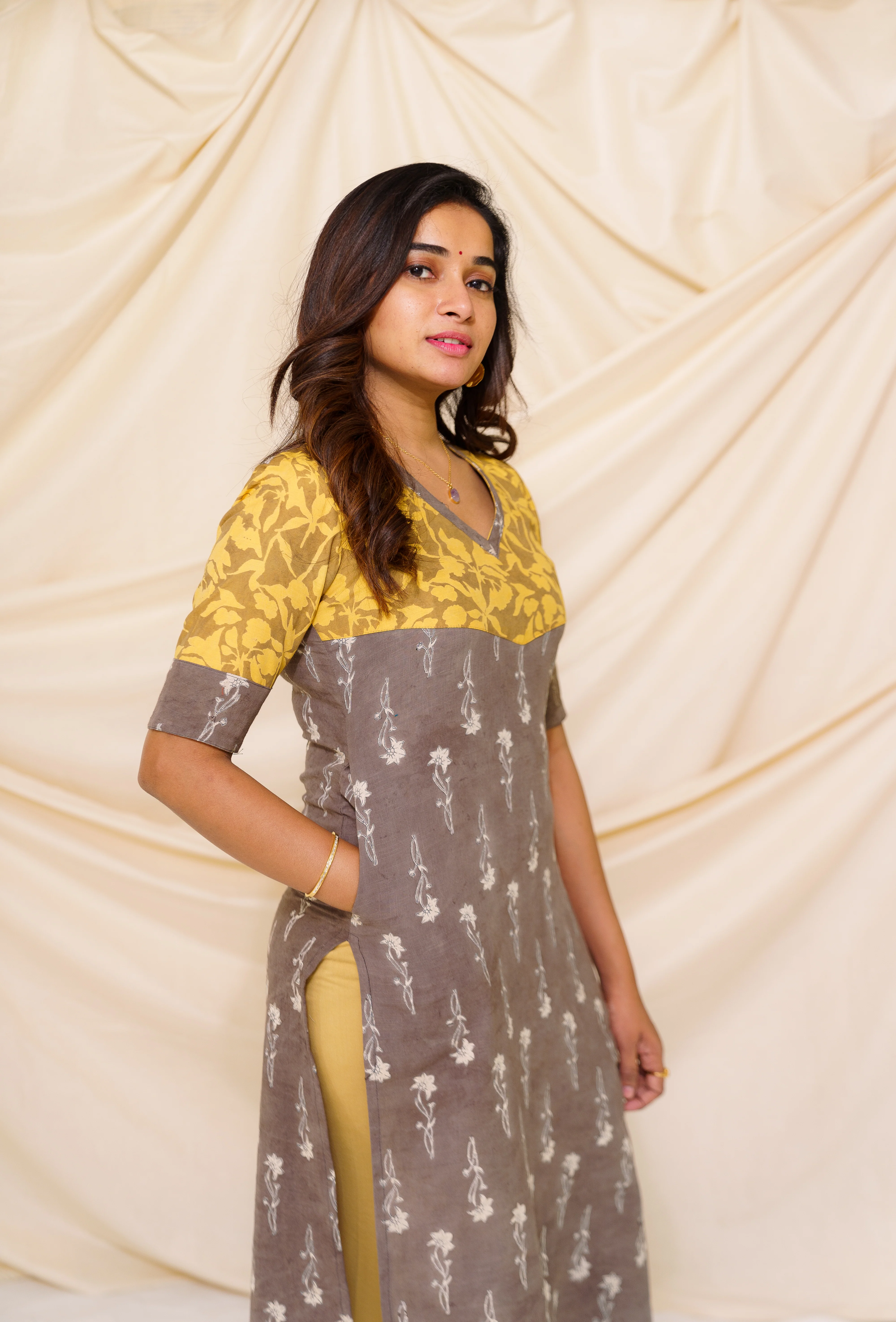 GRG - Yazhini Grey and Mustard - Kurti only - S only - Image 2