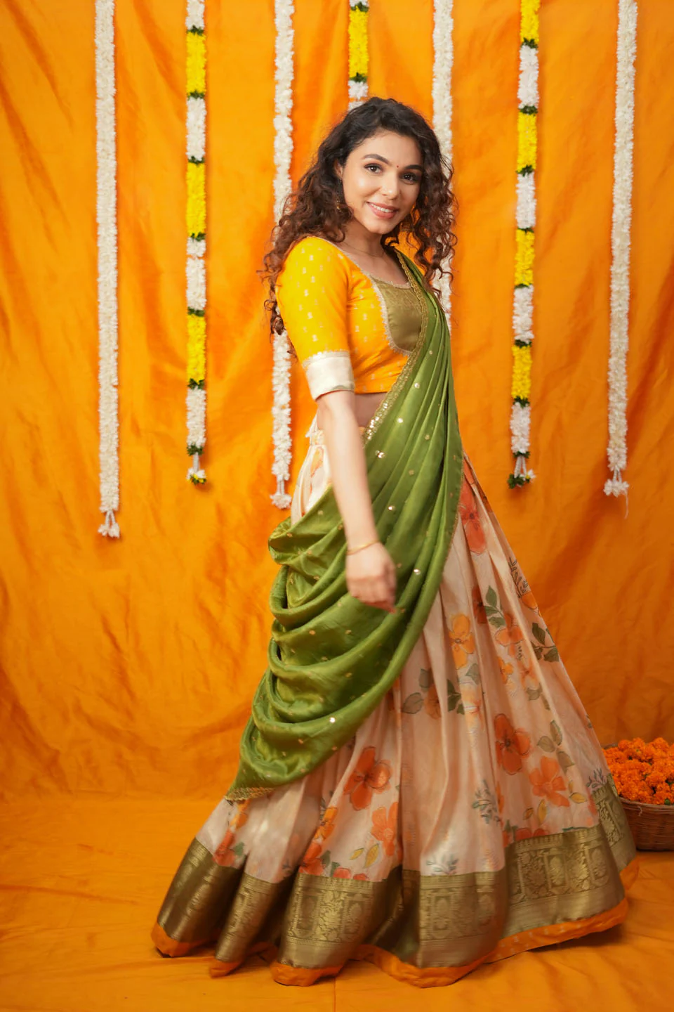 Harita Mustard & Floral Ivory Lehenga Set - Image 8
