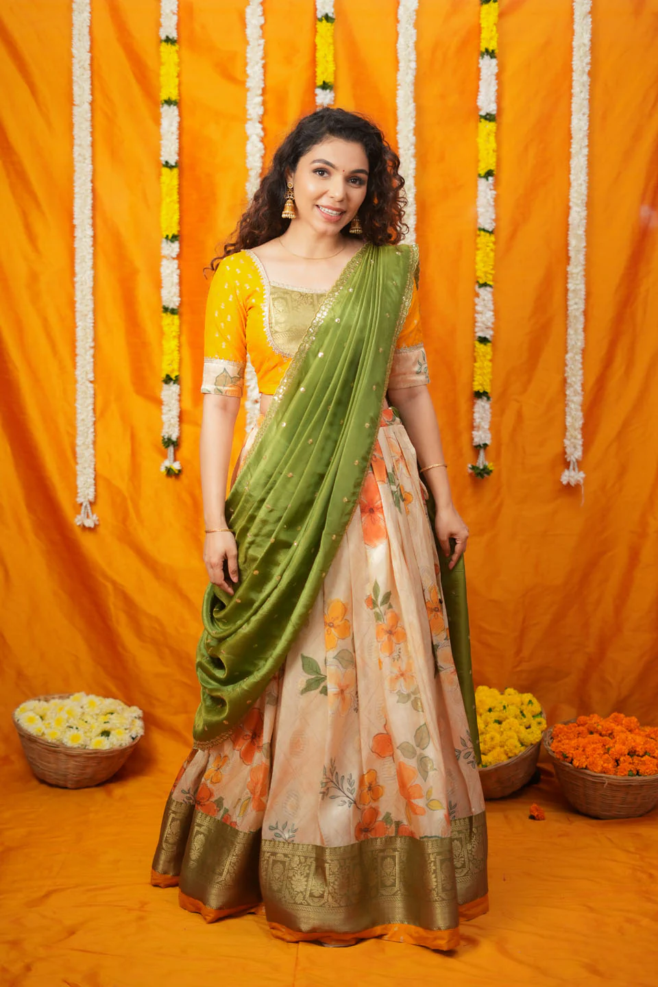 Harita Mustard & Floral Ivory Lehenga Set - Image 3