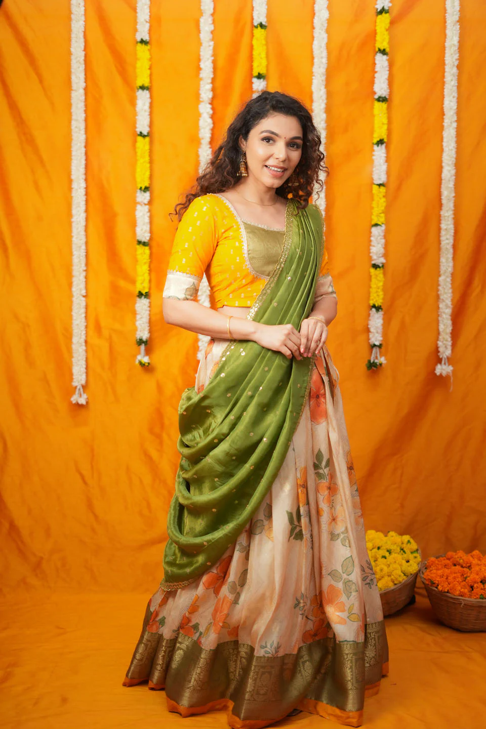 Harita Mustard & Floral Ivory Lehenga Set - Image 5