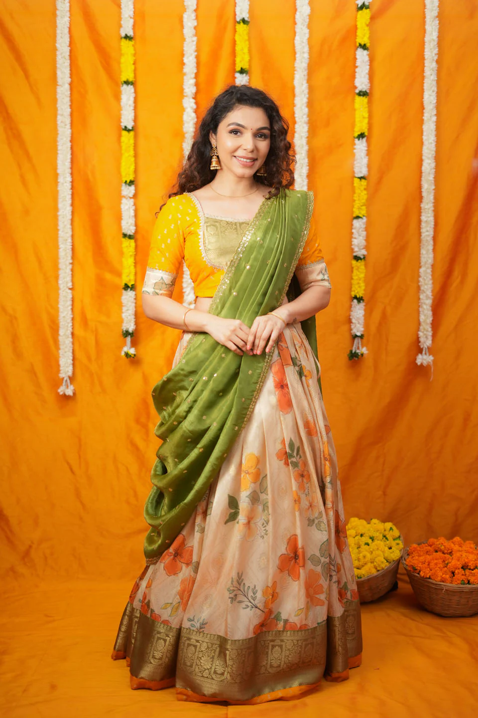 Harita Mustard & Floral Ivory Lehenga Set - Image 4