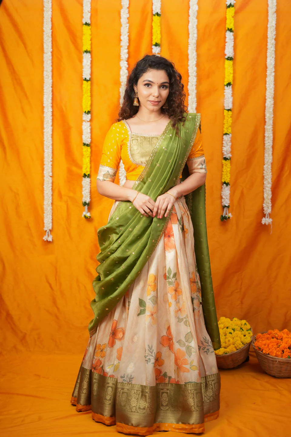 Harita Mustard & Floral Ivory Lehenga Set - Image 6
