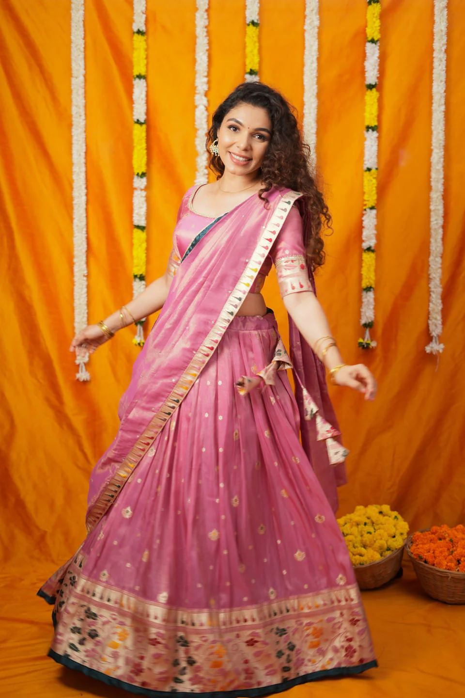 IMD - Maithiri Pink Silk Half Saree - Image 8