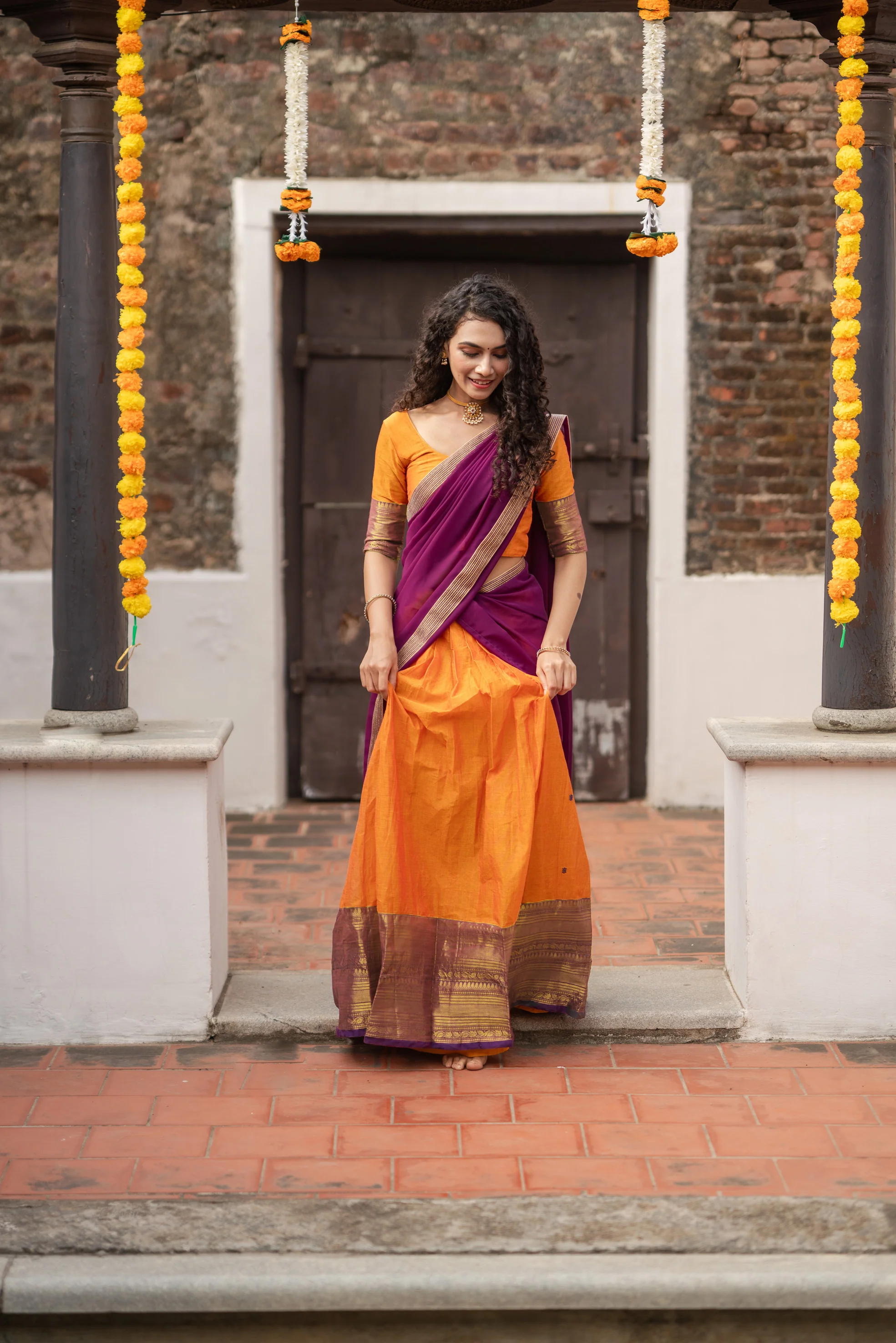 IMD - Pooja Orange with Purple Handlom Halfsaree - Image 2