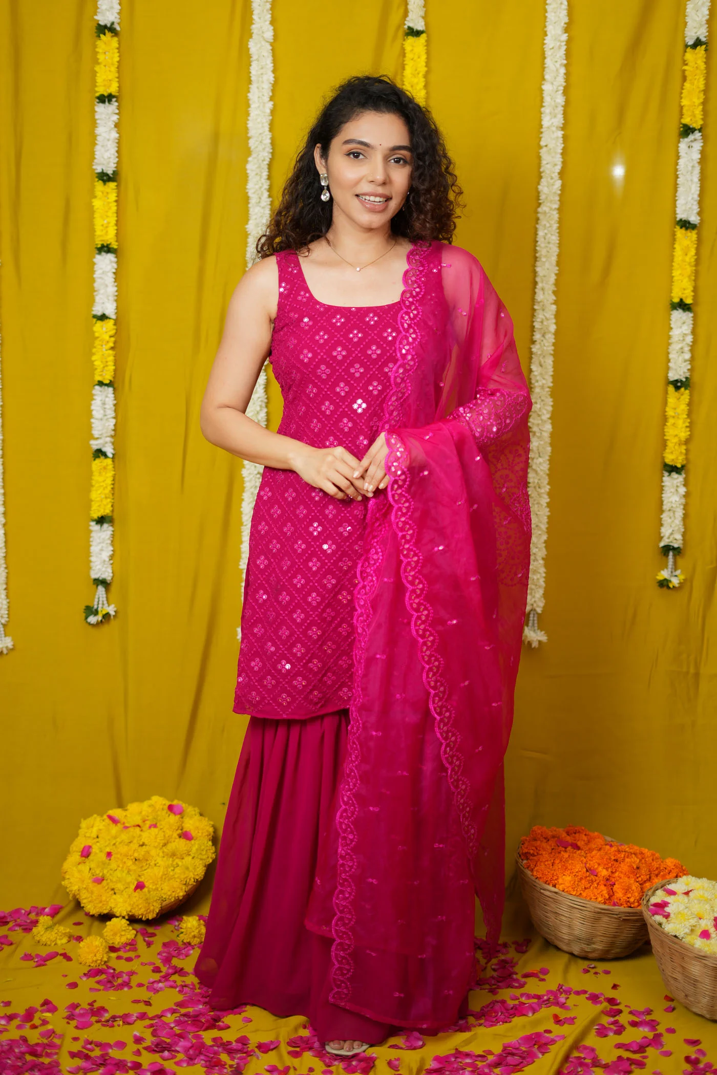 Isai Pink Kurti with Sharara (Set of 3) - Image 8
