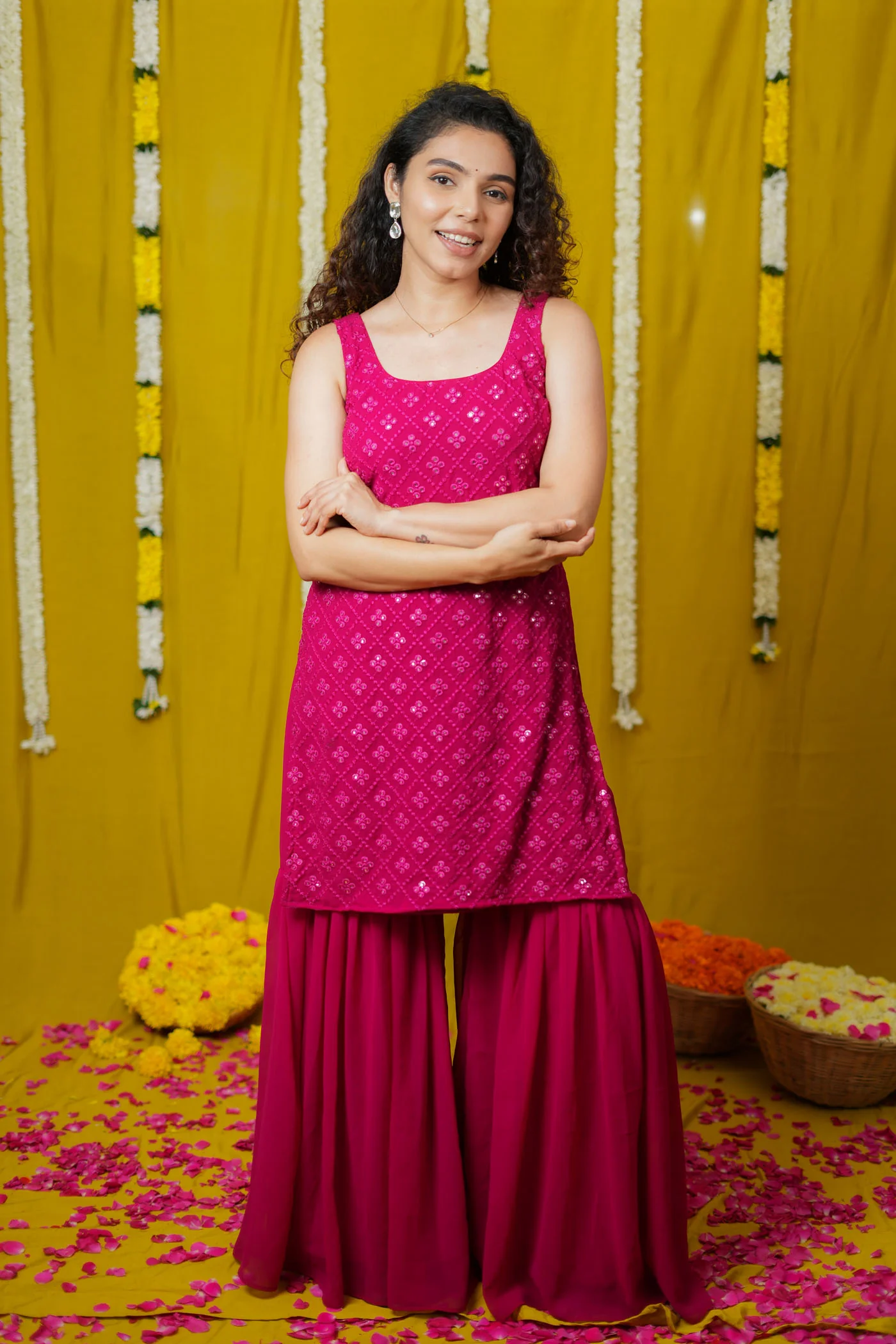 Isai Pink Kurti with Sharara (Set of 3) - Image 9