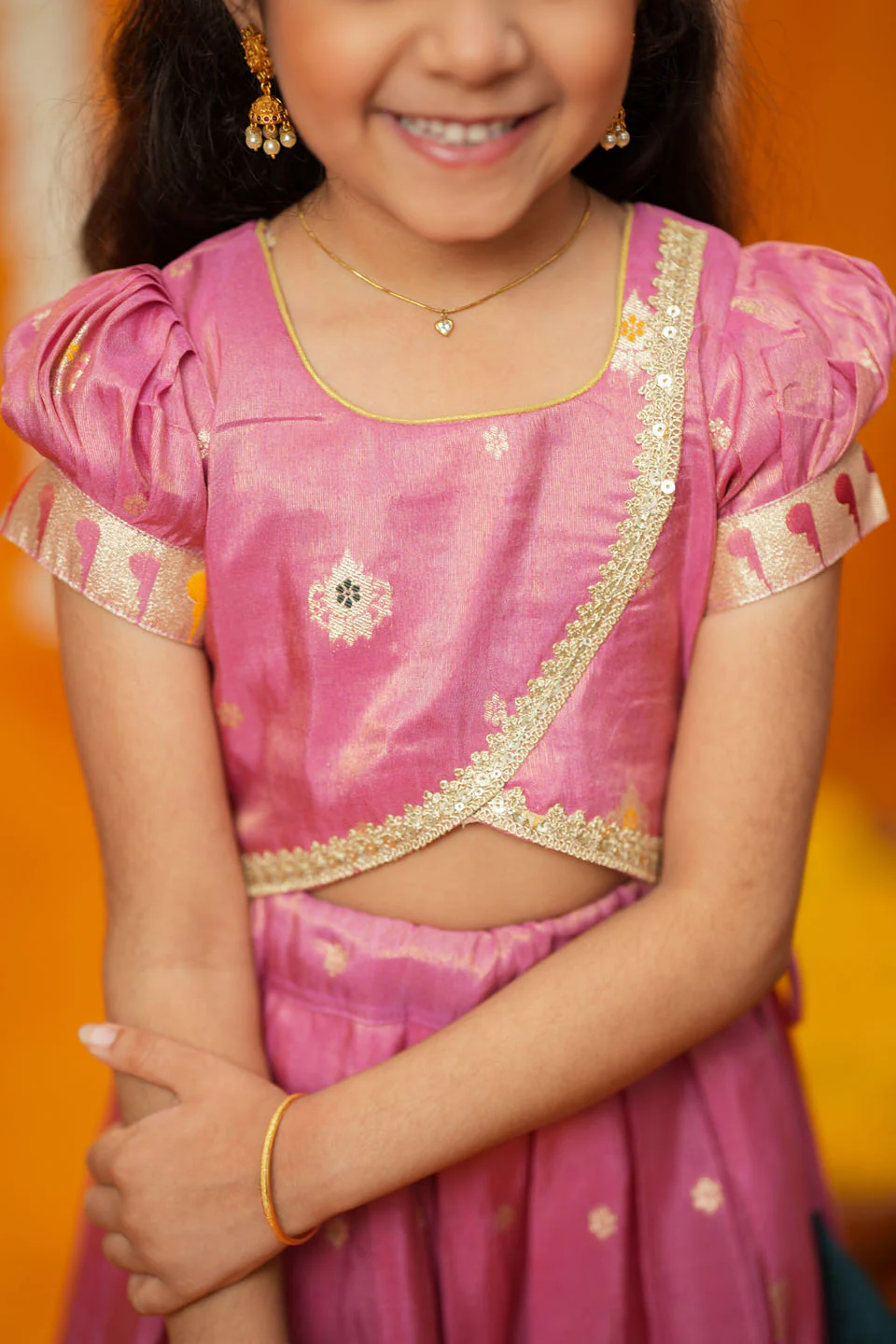 Maithiri Pink Silk Kids Lehenga Set mini - Image 2