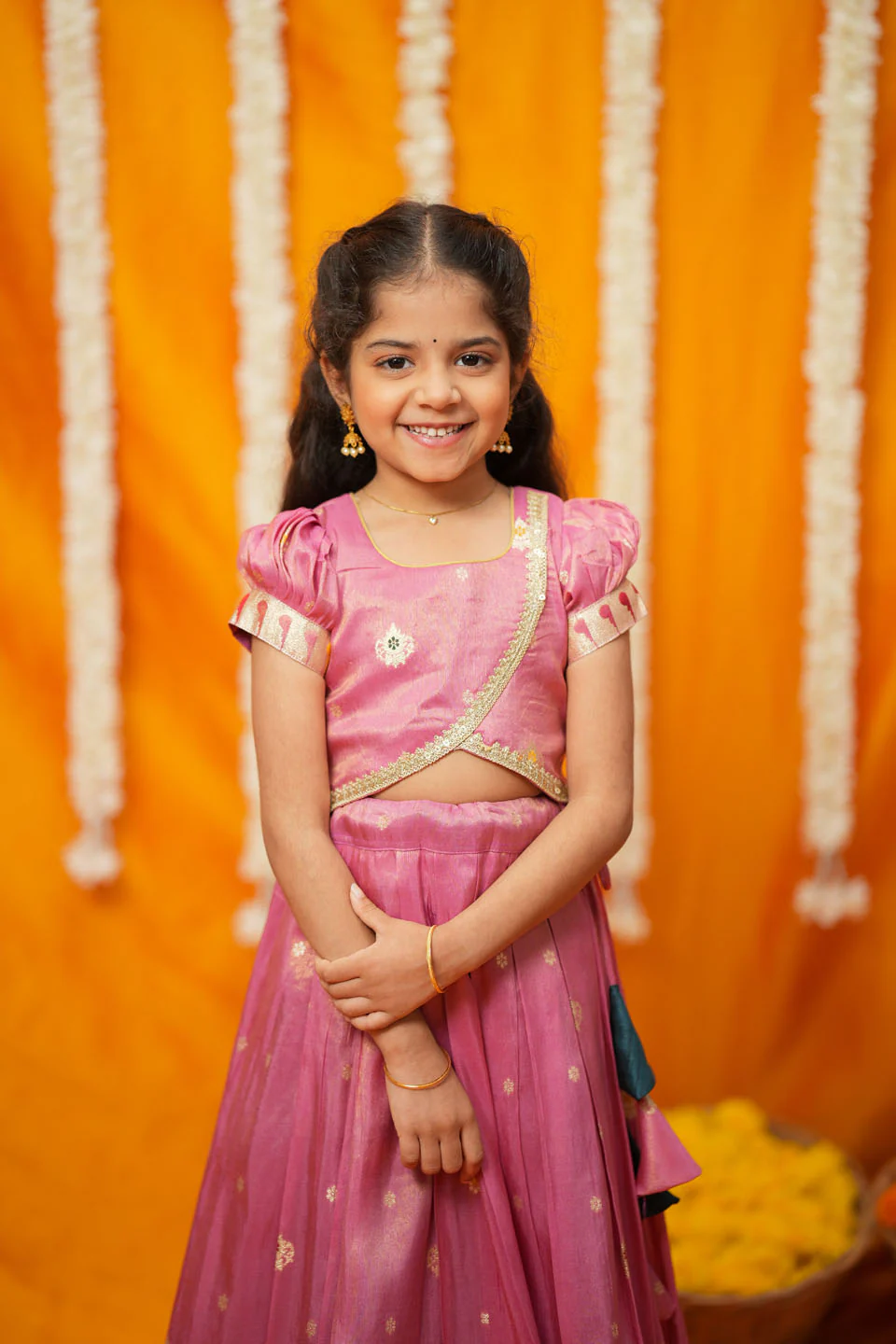 Maithiri Pink Silk Kids Lehenga Set mini - Image 3