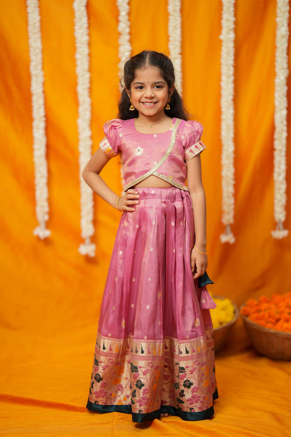 Maithiri Pink Silk Kids Lehenga Set mini - Image 4