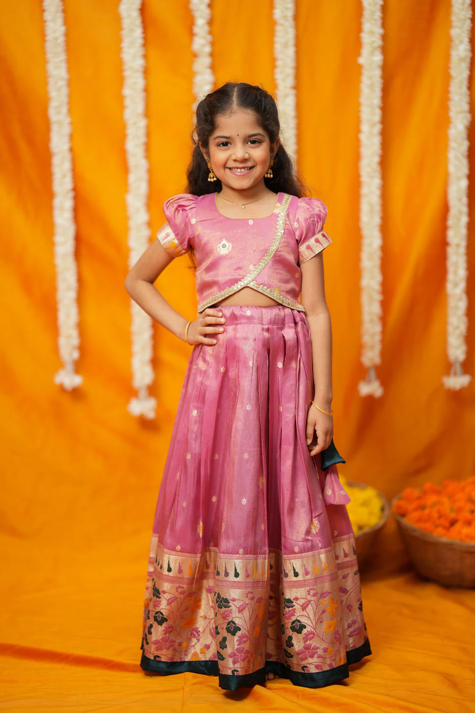 Maithiri Pink Silk Kids Lehenga Set mini - Image 5