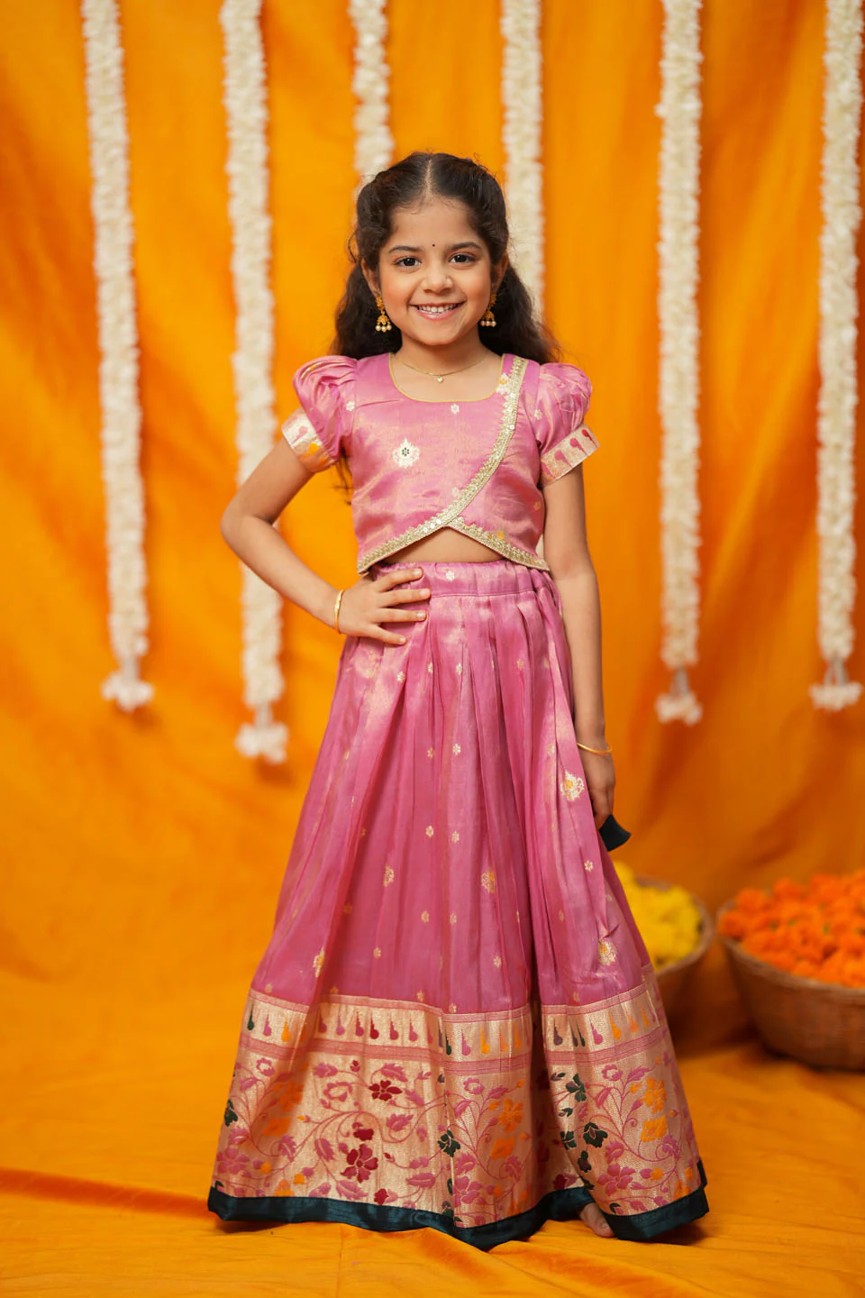 Maithiri Pink Silk Kids Lehenga Set mini - Image 6