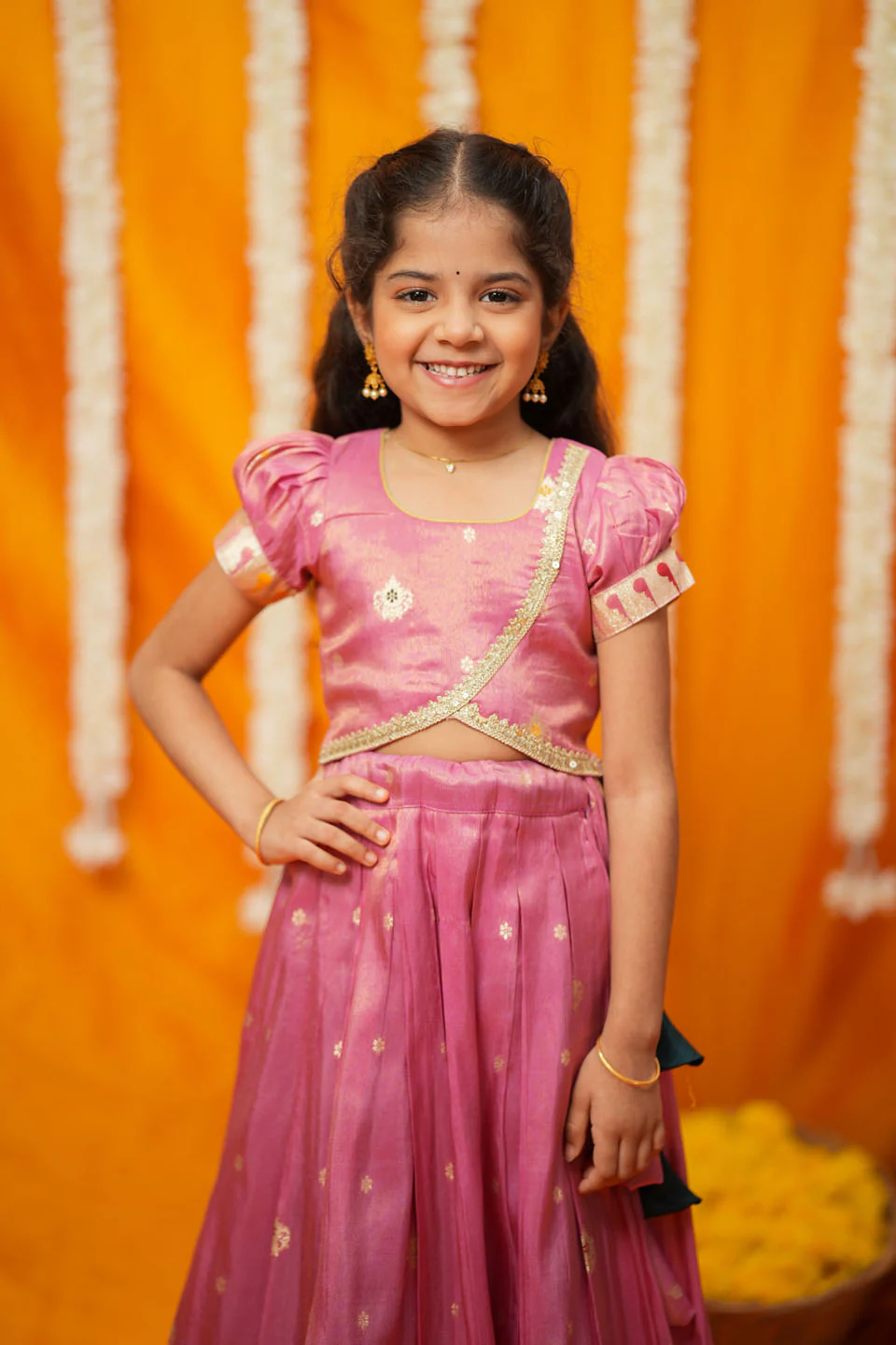 Maithiri Pink Silk Kids Lehenga Set mini - Image 9