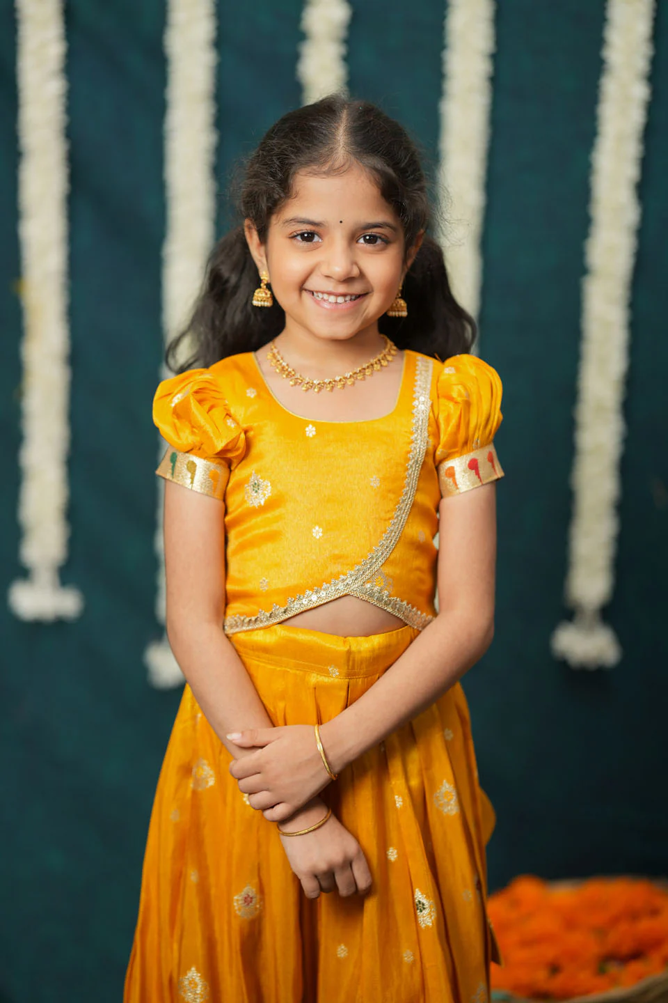 Maithiri yellow Silk Kids Lehenga Set mini - Image 10