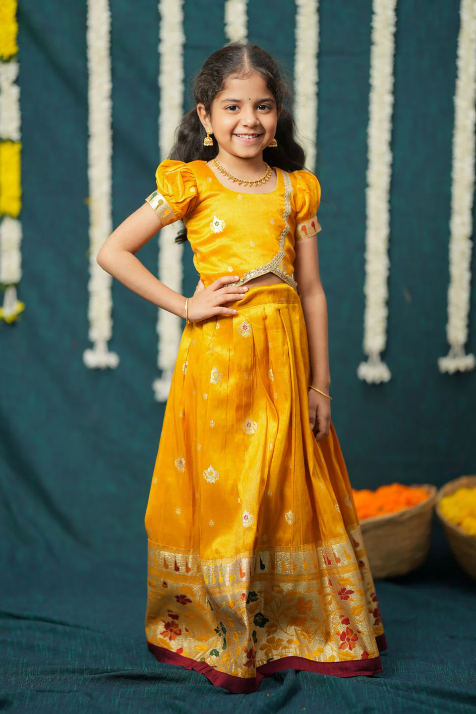 Maithiri yellow Silk Kids Lehenga Set mini - Image 4
