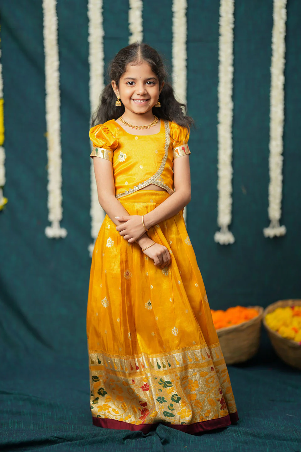 Maithiri yellow Silk Kids Lehenga Set mini - Image 5