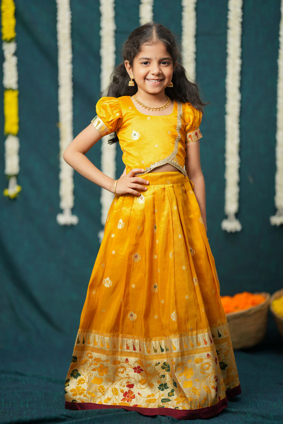 Maithiri yellow Silk Kids Lehenga Set mini - Image 6