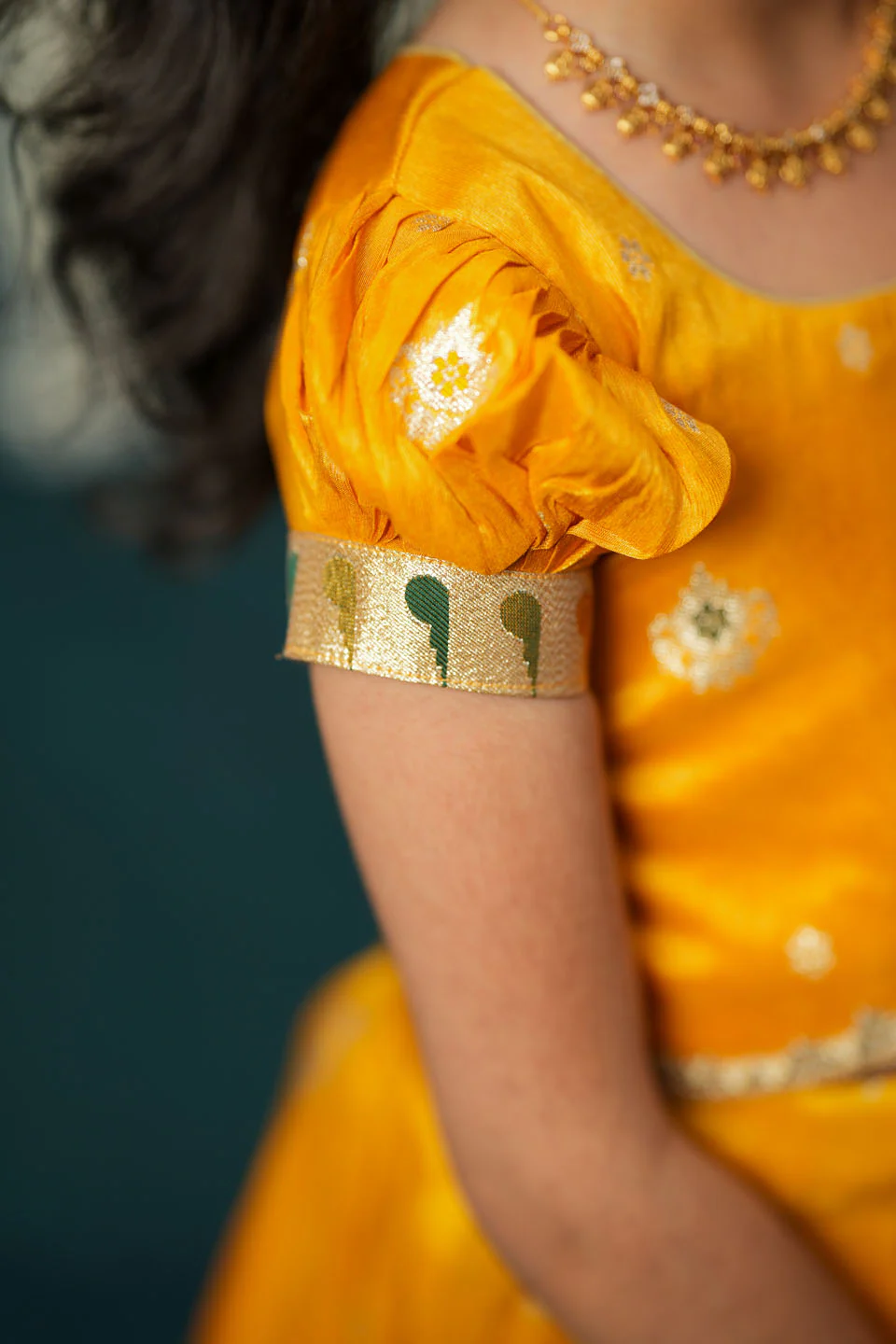 Maithiri yellow Silk Kids Lehenga Set mini - Image 11