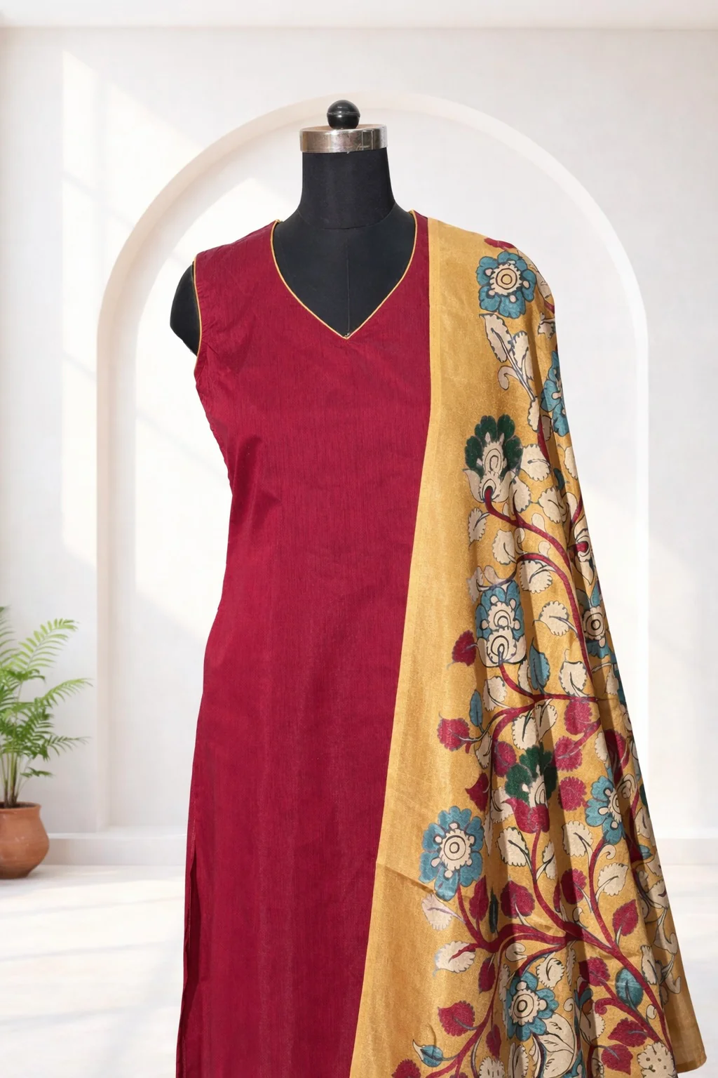 Malarvizhi Maroon Kurti with Dupatta - Image 4