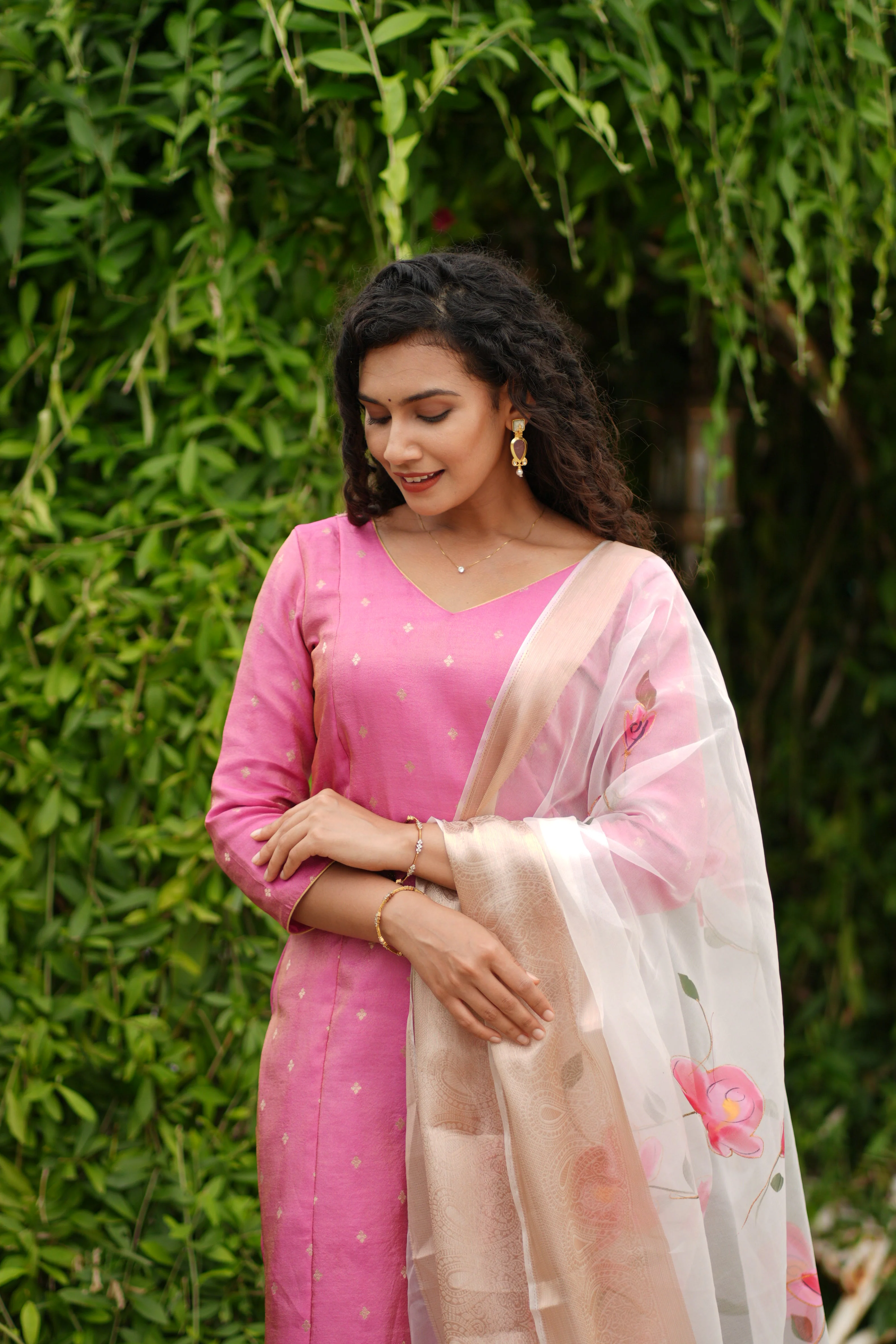 Malini Pink with White Organza Dupatta - Image 11